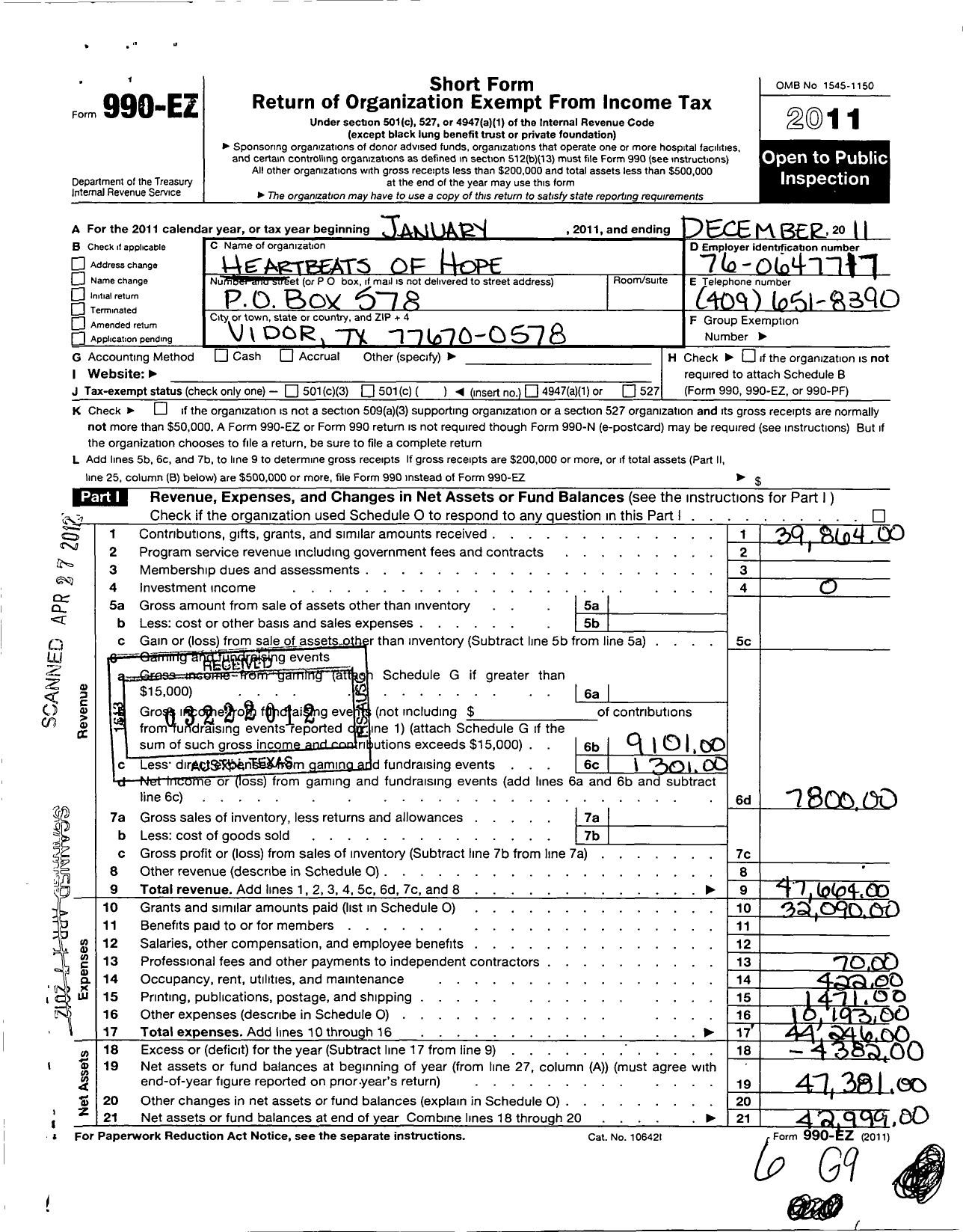 Image of first page of 2011 Form 990EO for Heartbeats of Hope