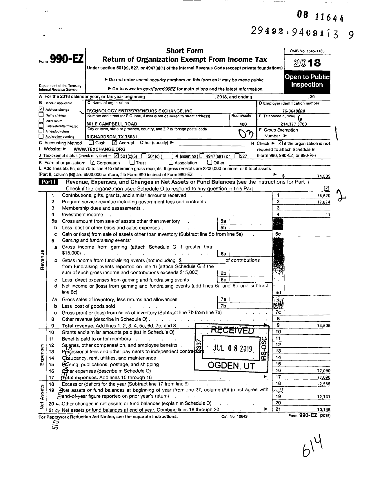 Image of first page of 2018 Form 990EZ for Technology Enterpreneurs Exchange