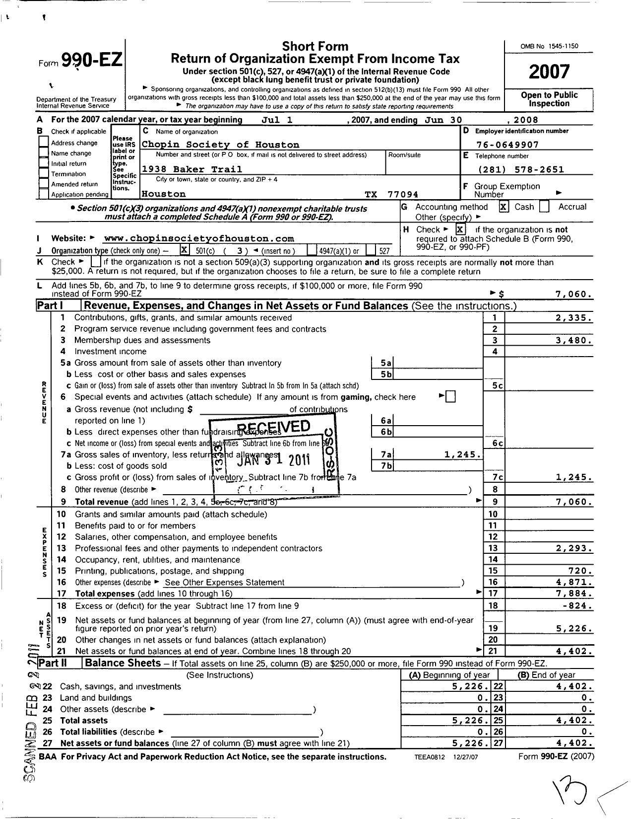 Image of first page of 2007 Form 990EZ for Chopin Society of Houston