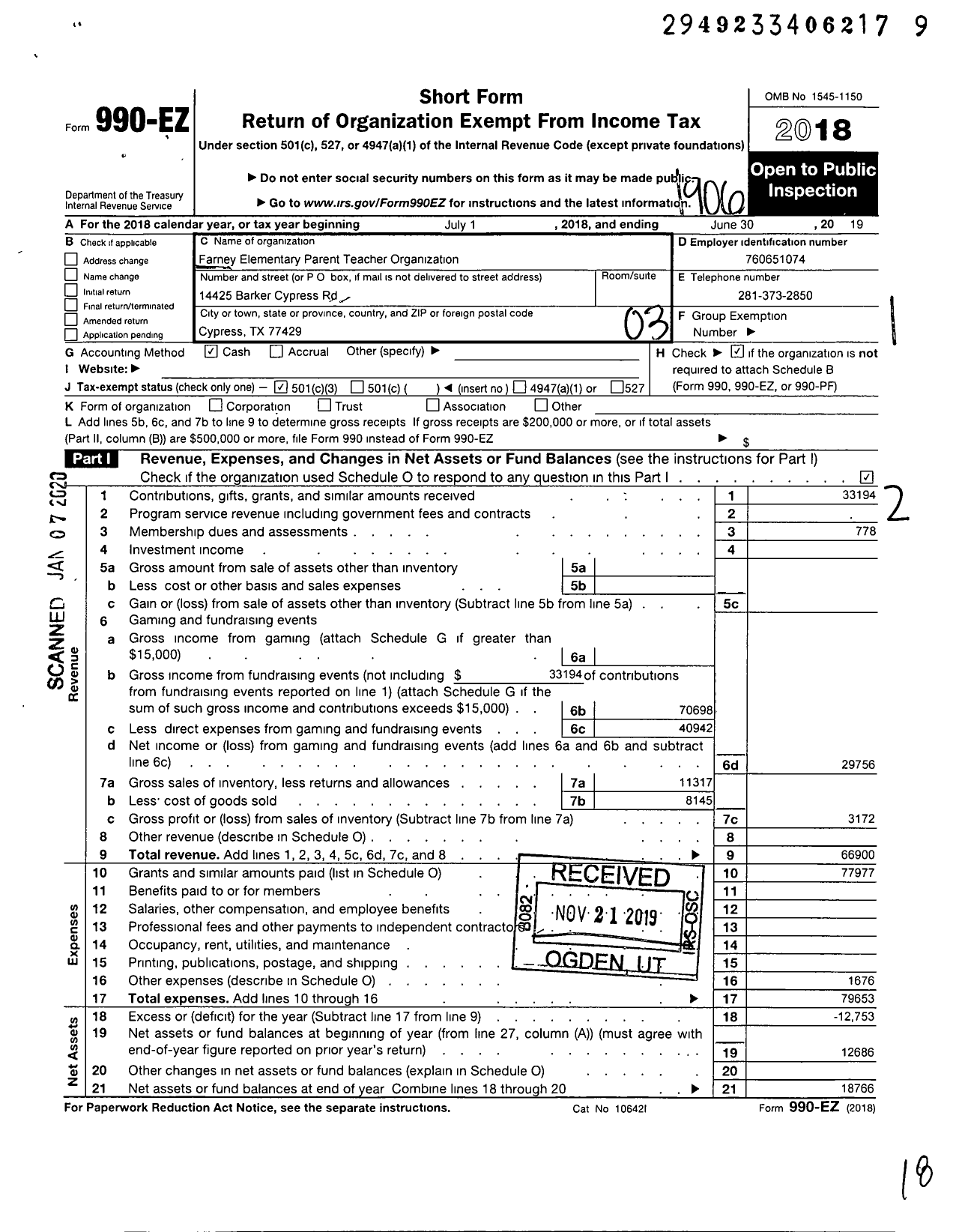 Image of first page of 2018 Form 990EZ for Farney Elementary Parent-Teacher Organization