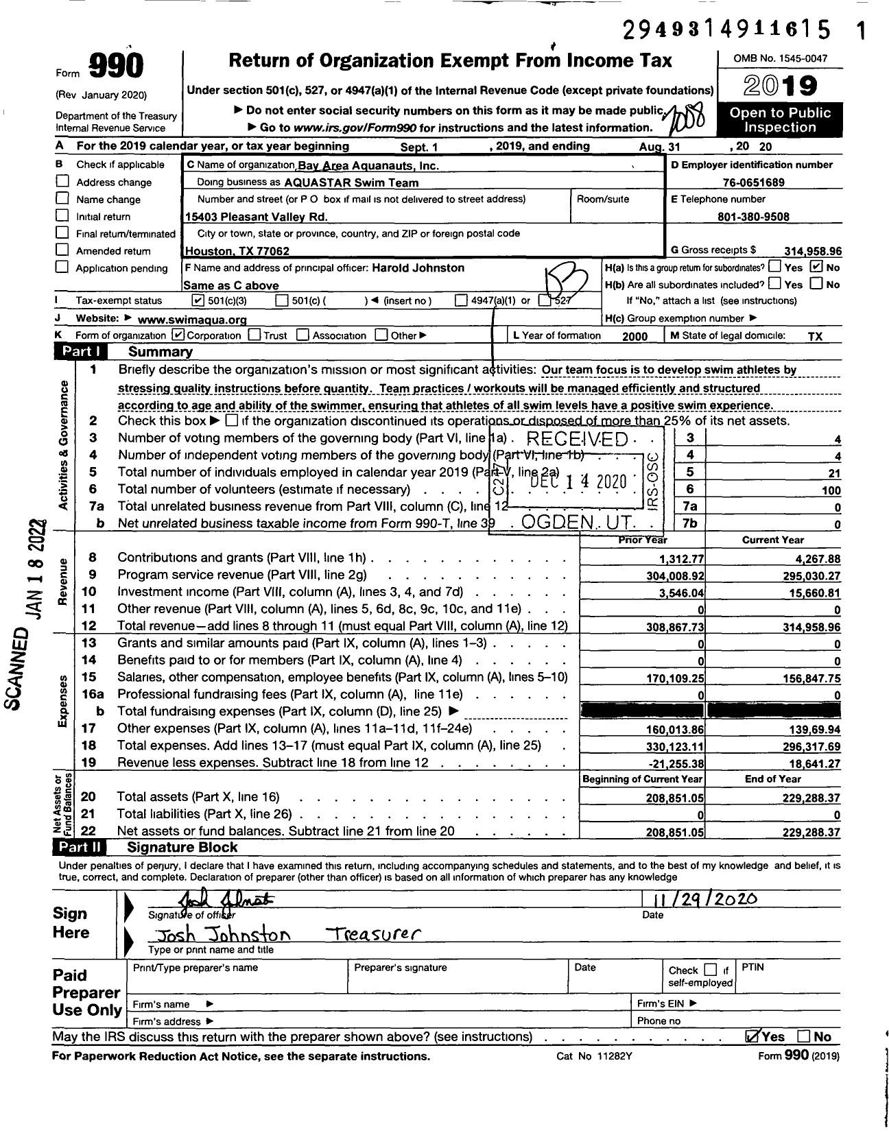 Image of first page of 2019 Form 990 for AQUASTAR Swim Team