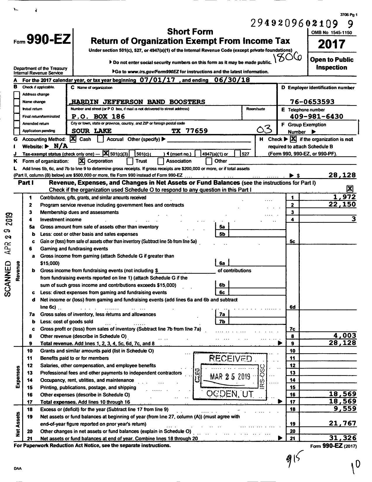 Image of first page of 2017 Form 990EZ for Hardin Jefferson Band Boosters