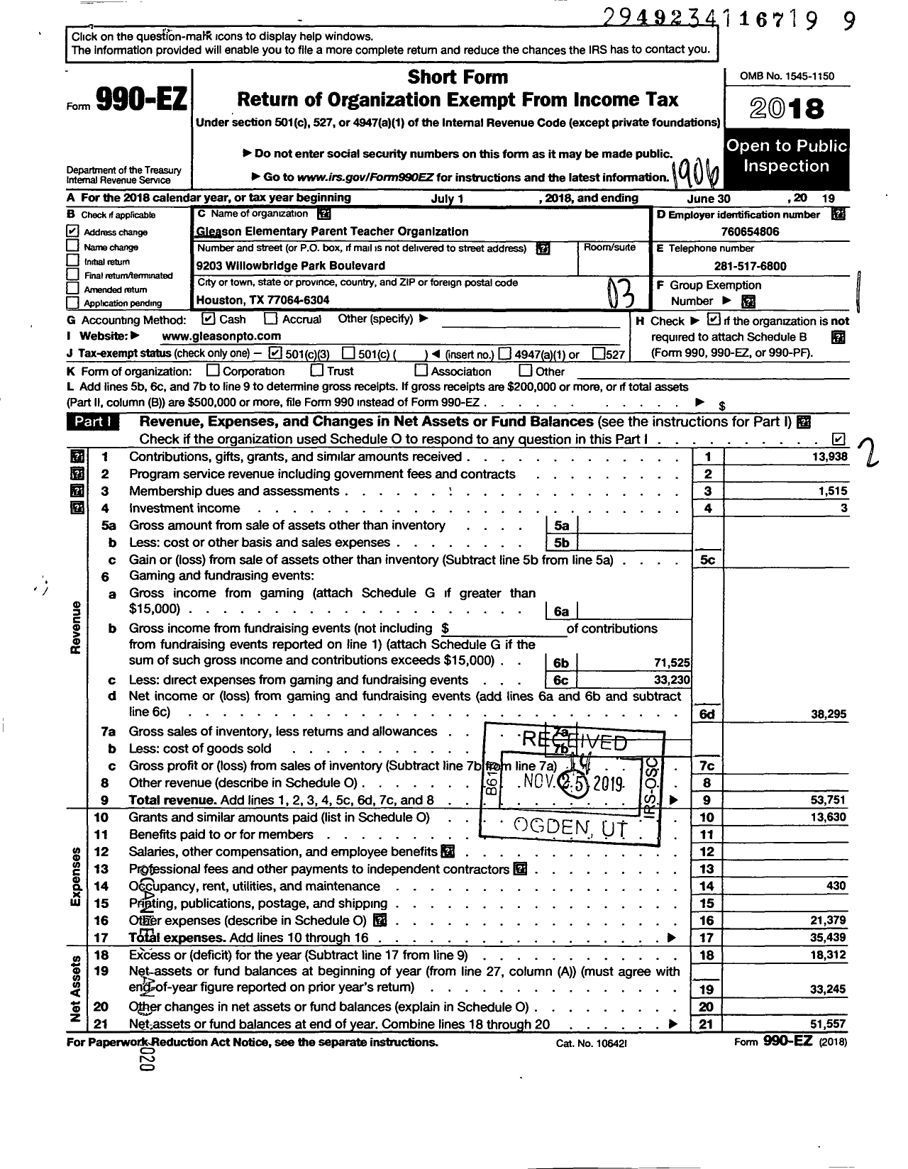 Image of first page of 2018 Form 990EZ for Gleason Elementary Parent Teacher Organization