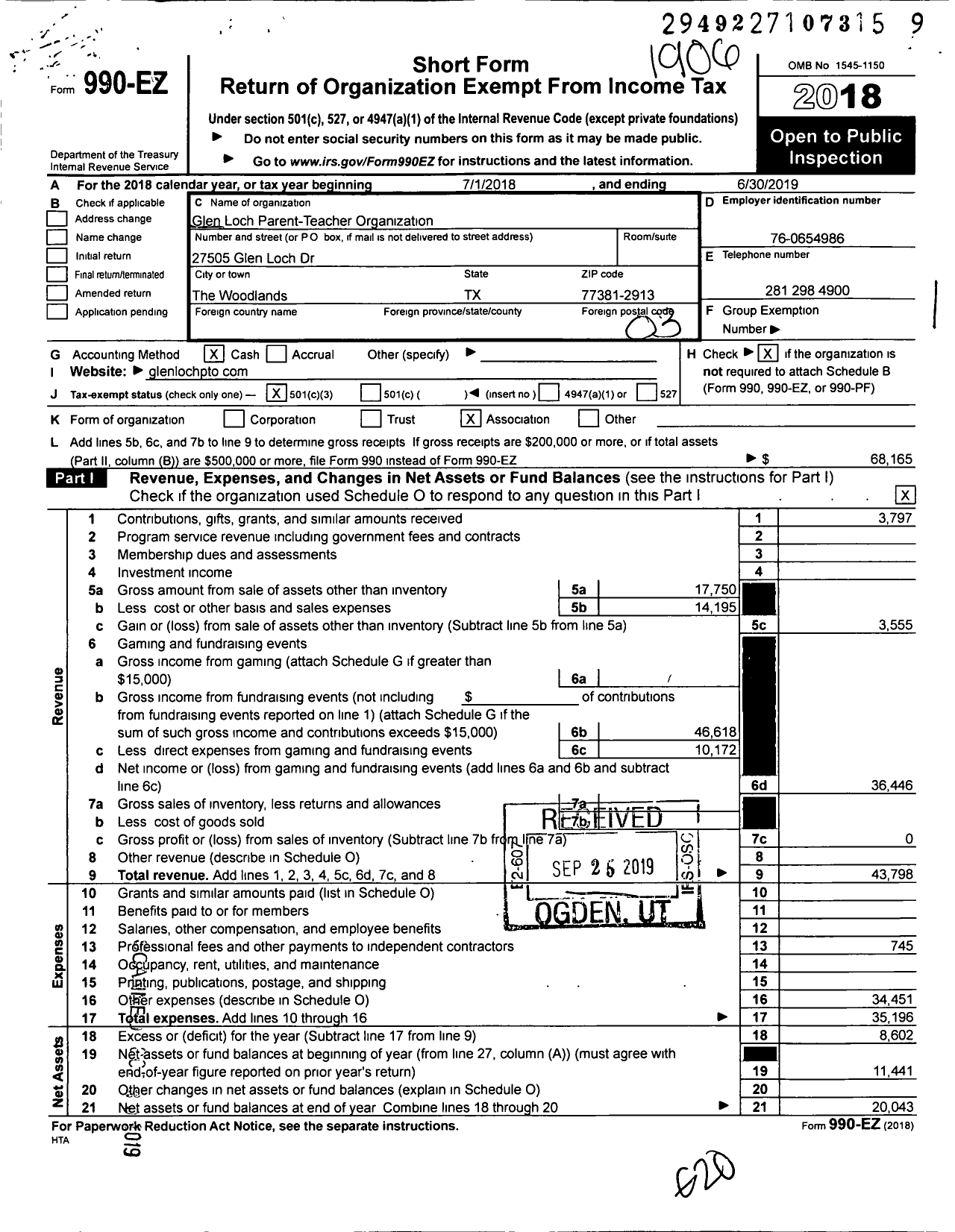 Image of first page of 2018 Form 990EZ for Glen Loch Parent-Teacher Organization