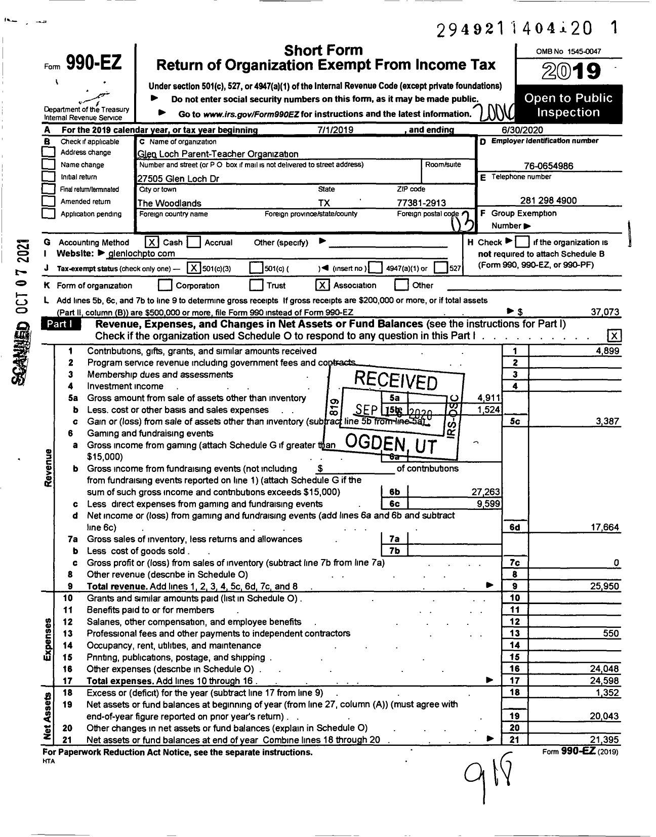 Image of first page of 2019 Form 990EZ for Glen Loch Parent-Teacher Organization