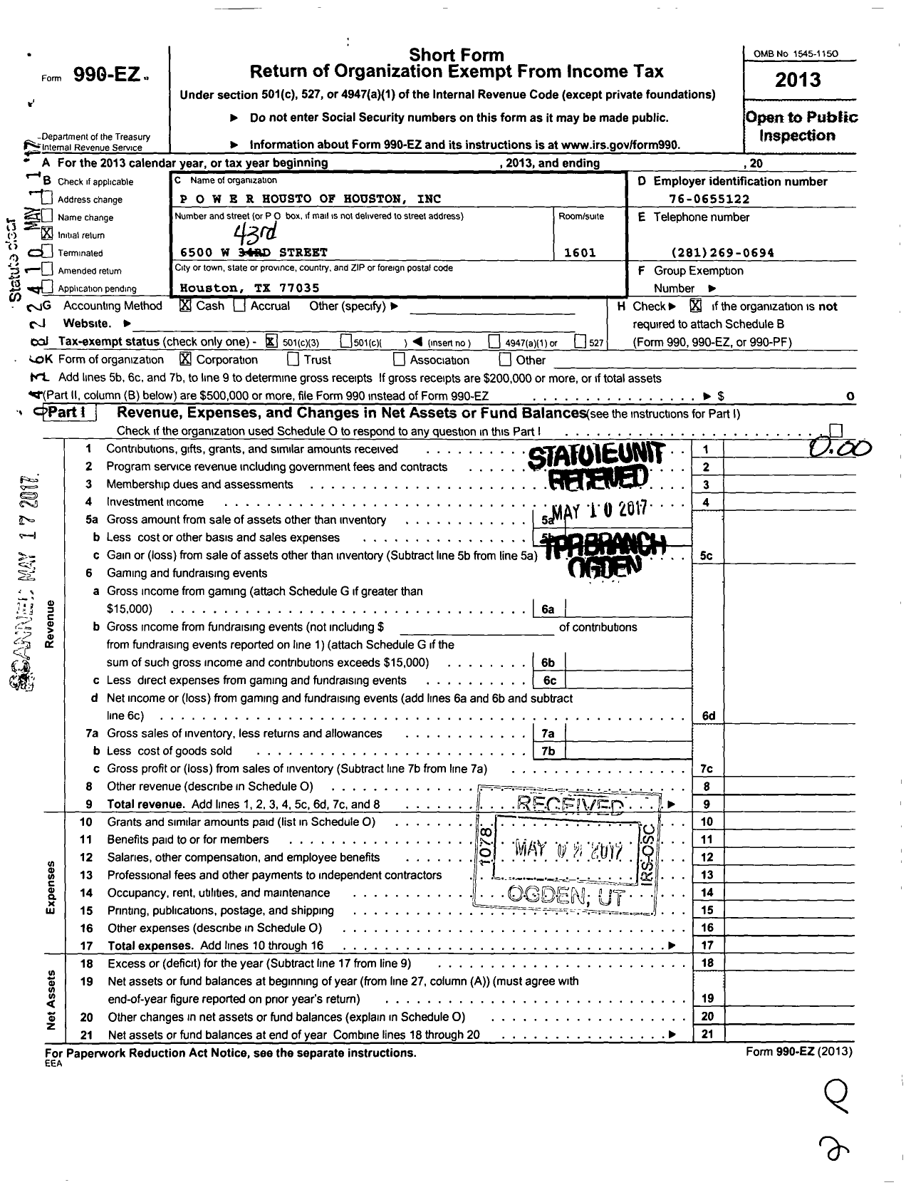 Image of first page of 2013 Form 990EZ for P O W E R House of Houston