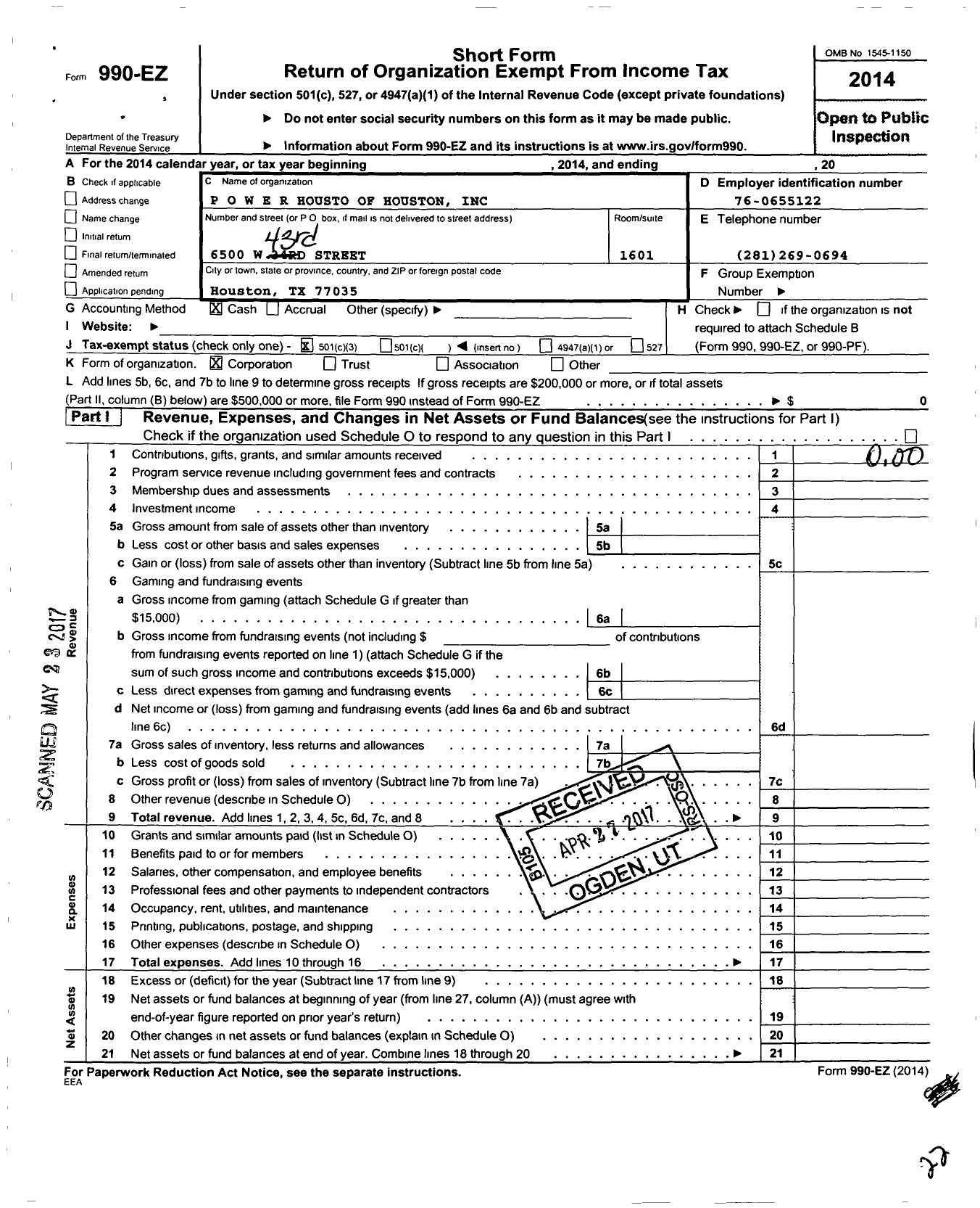 Image of first page of 2014 Form 990EZ for P O W E R House of Houston