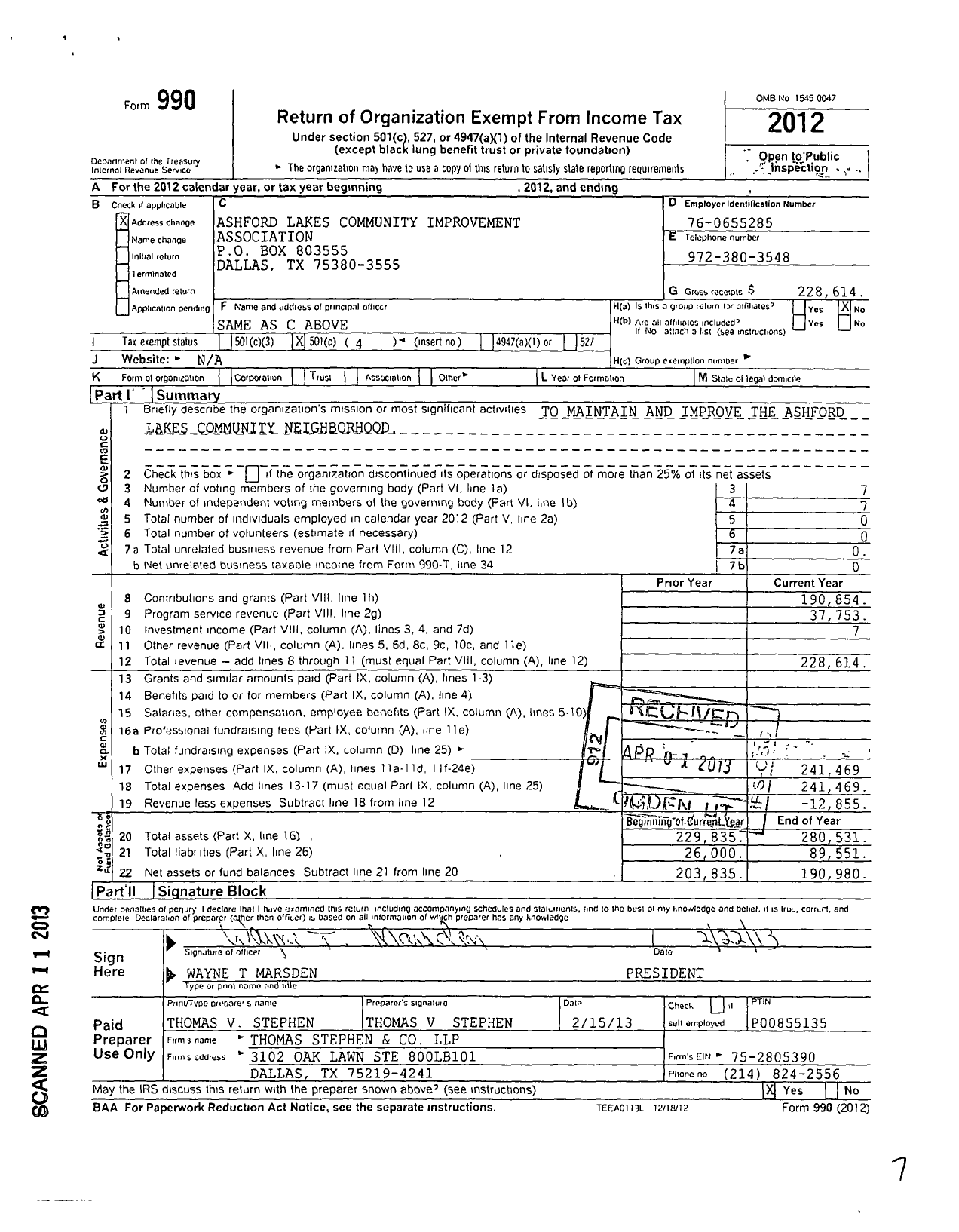 Image of first page of 2012 Form 990O for Ashford Lakes Community Association