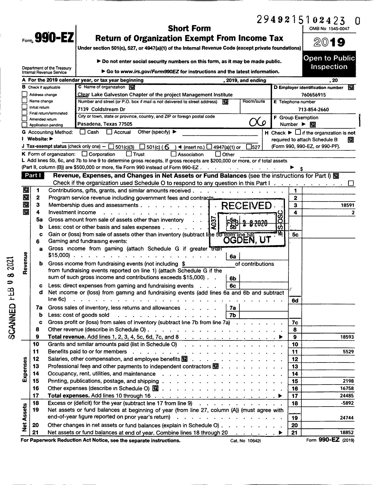 Image of first page of 2019 Form 990EO for Clear Lakegalveston Chapter of the Project Management Institute