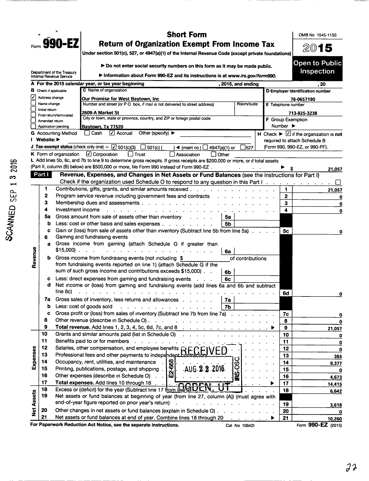 Image of first page of 2015 Form 990EZ for Our Promise for West Baytown