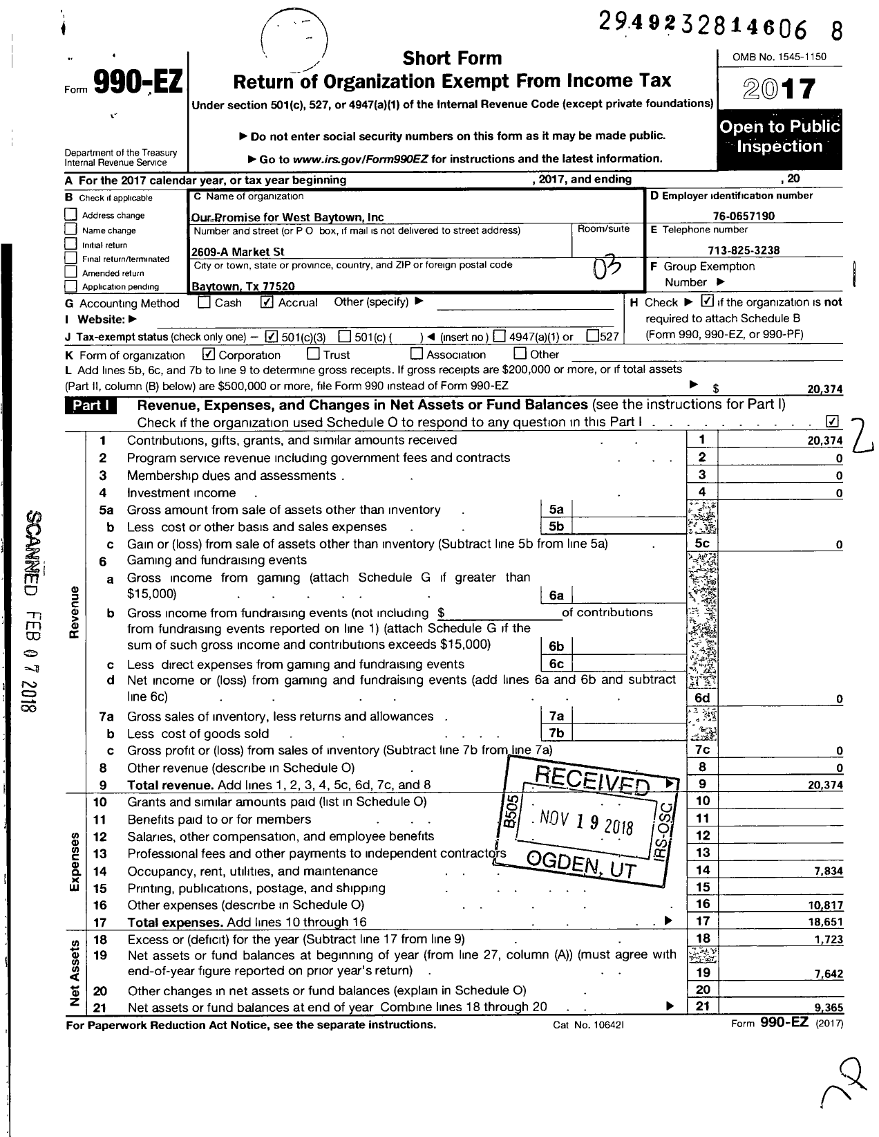 Image of first page of 2017 Form 990EZ for Our Promise for West Baytown