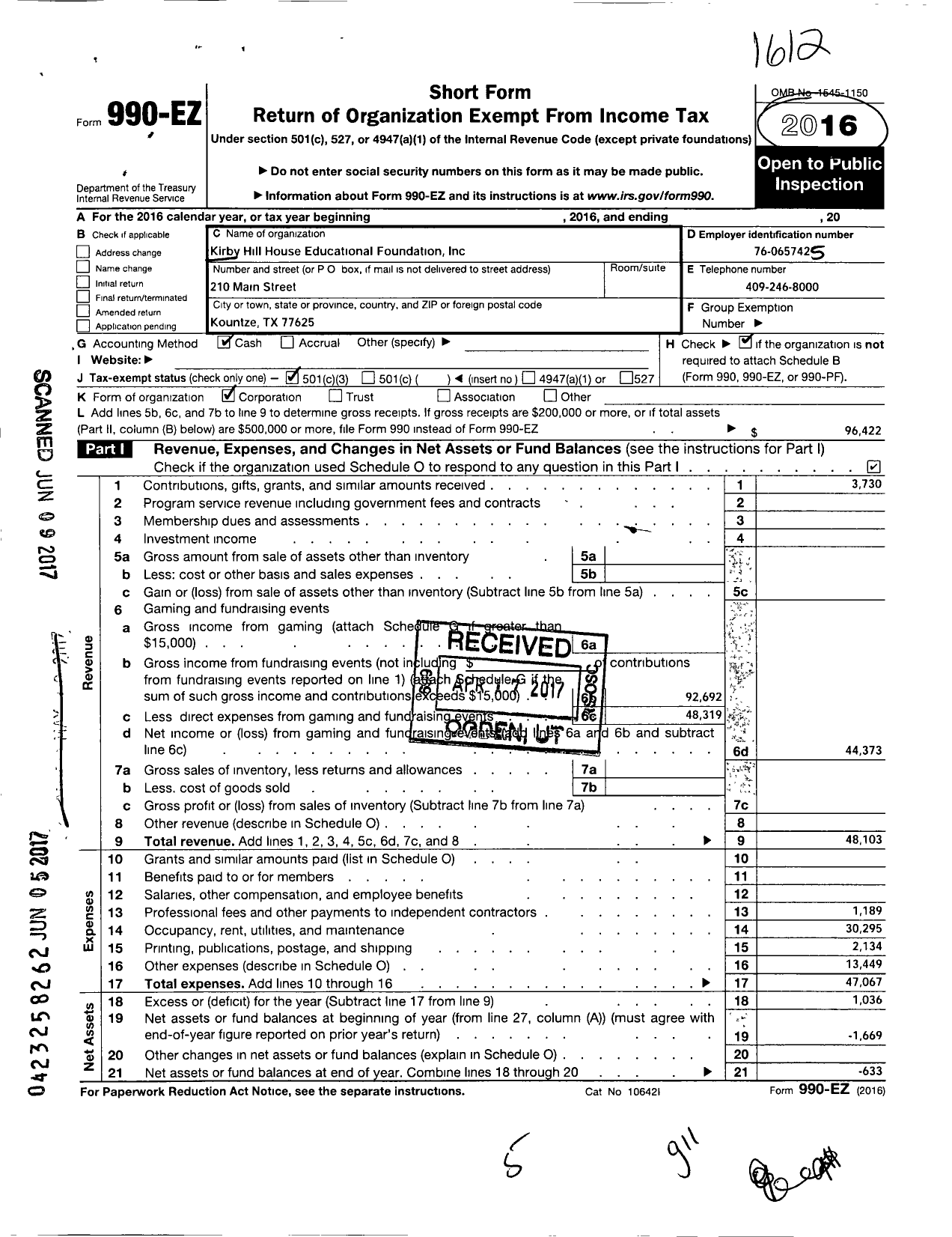 Image of first page of 2016 Form 990EZ for Kirby-Hill House Educational Foundation