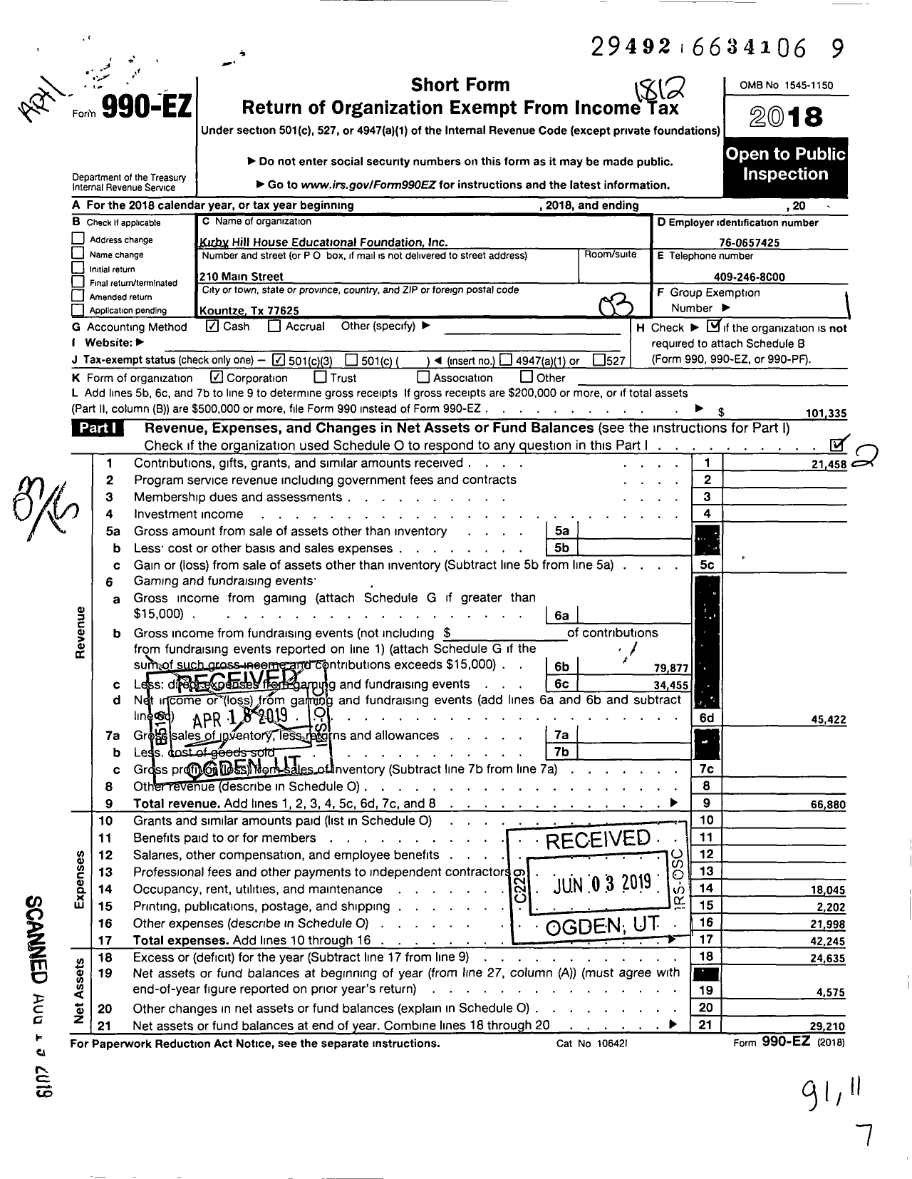 Image of first page of 2018 Form 990EZ for Kirby-Hill House Educational Foundation