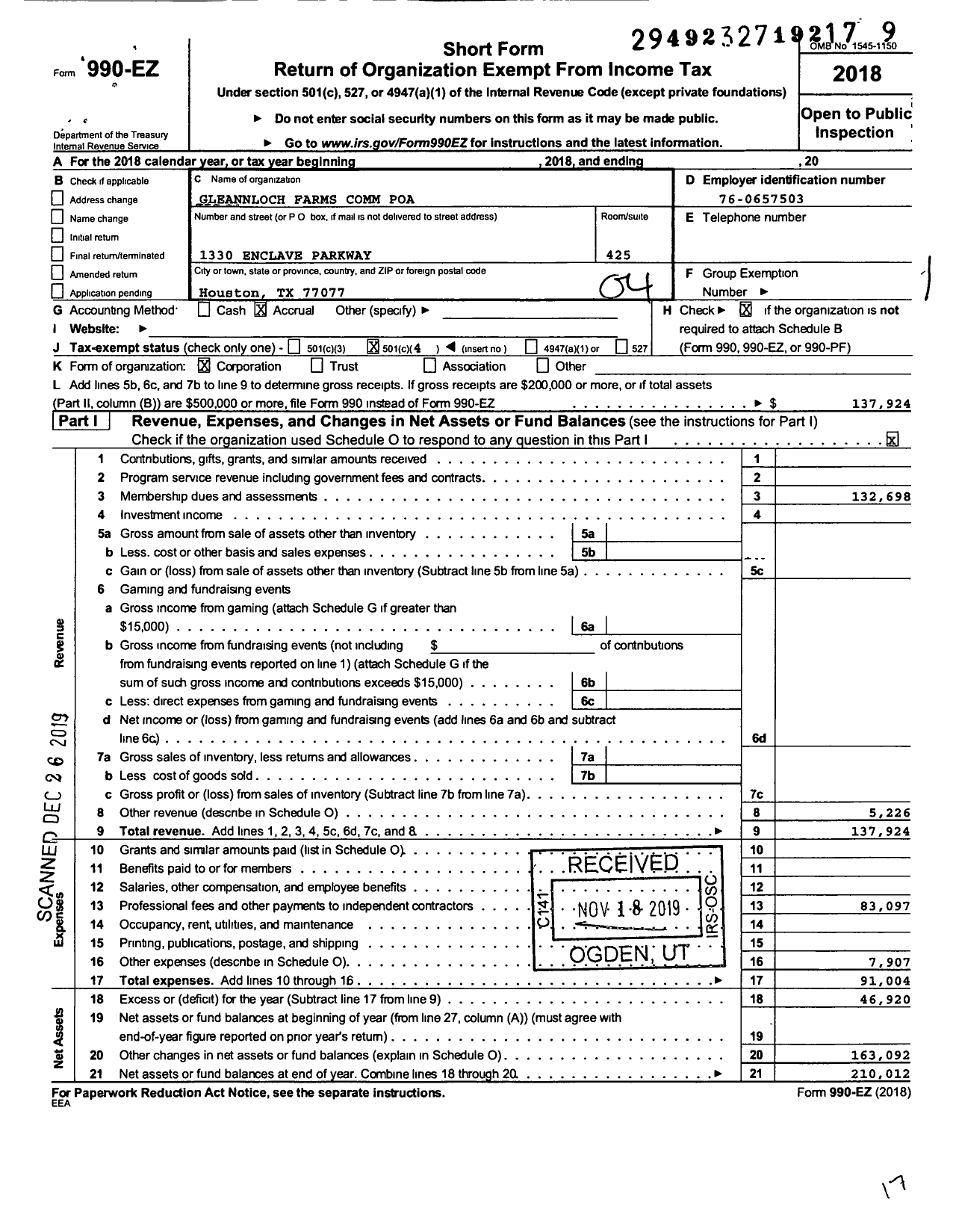 Image of first page of 2018 Form 990EO for Gleannloch Farms Comm Poa