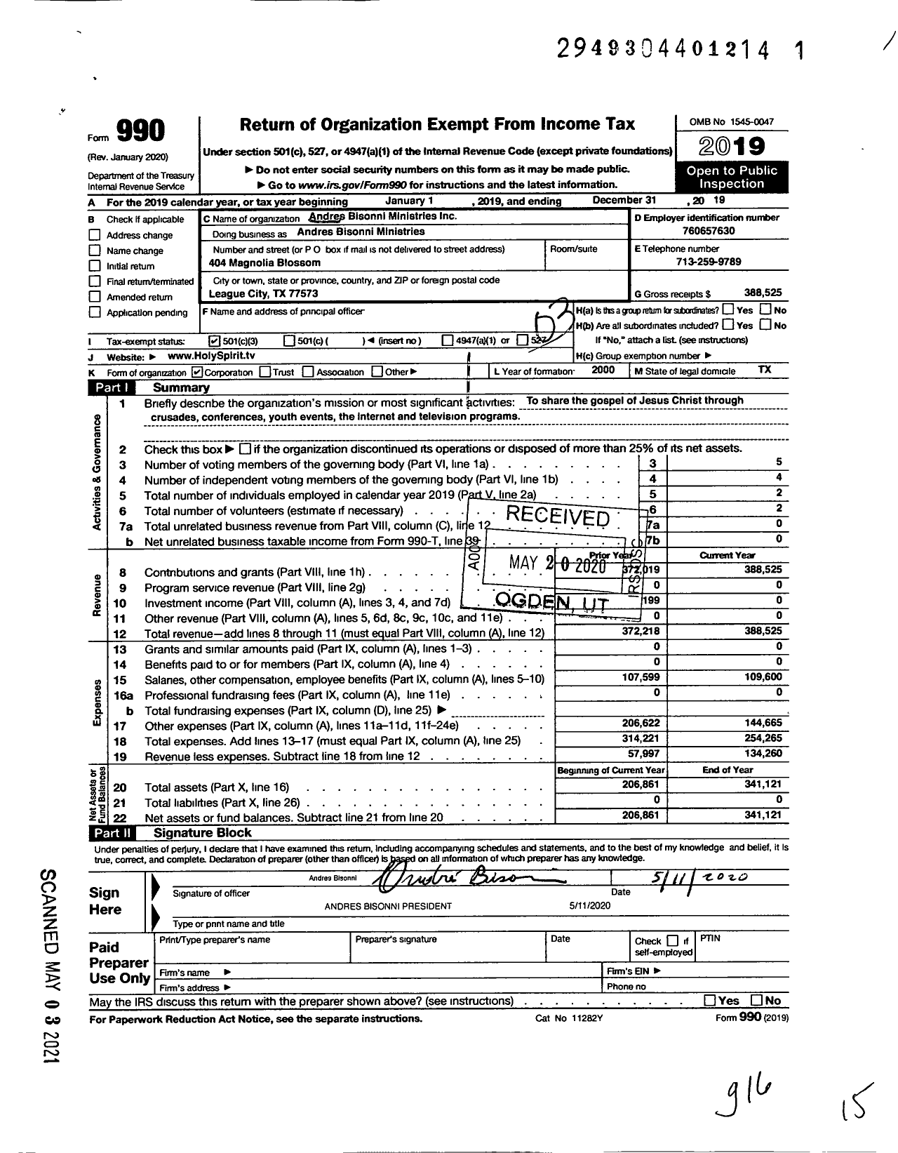 Image of first page of 2019 Form 990 for Andres Bisonni Ministries