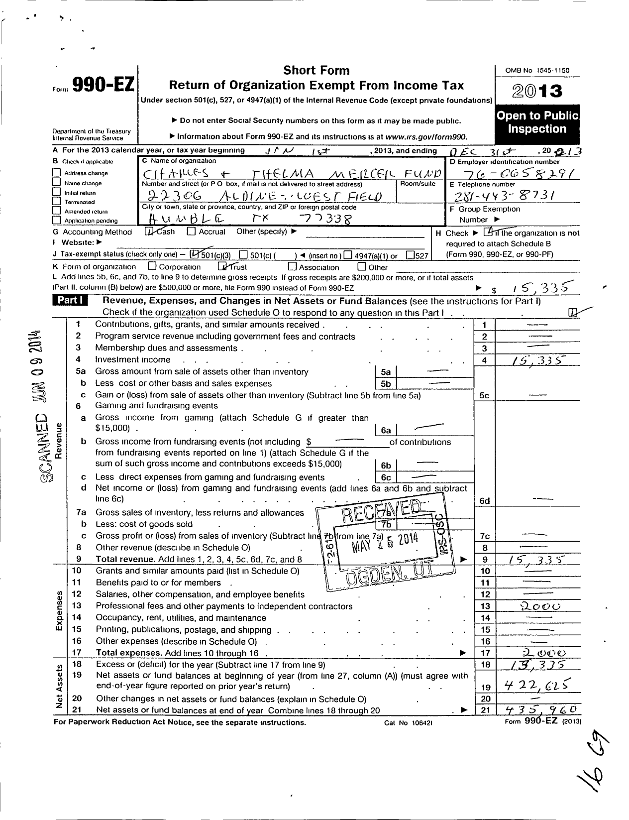 Image of first page of 2013 Form 990EZ for Charles and Thelma Mercer Fund