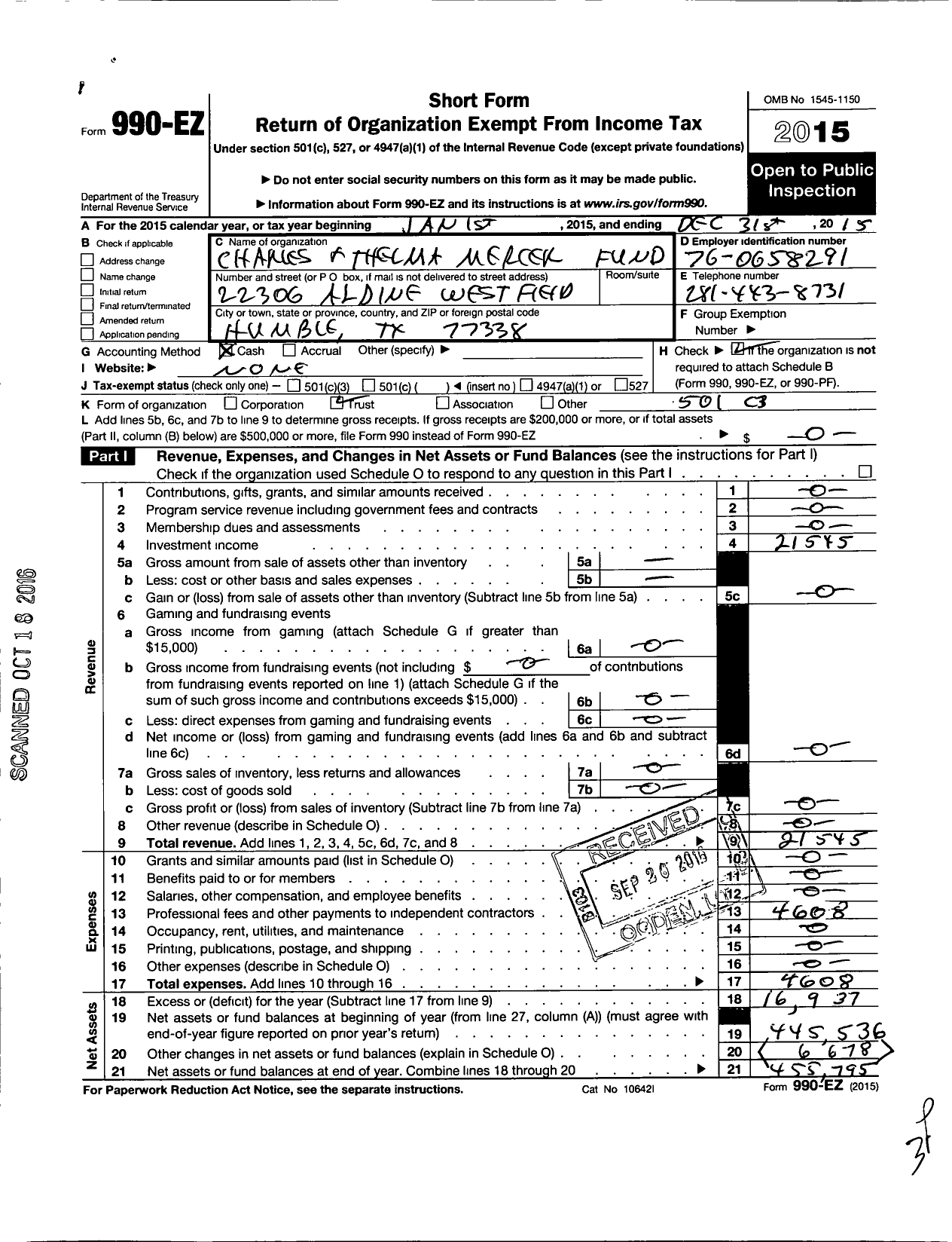 Image of first page of 2015 Form 990EO for Charles and Thelma Mercer Fund