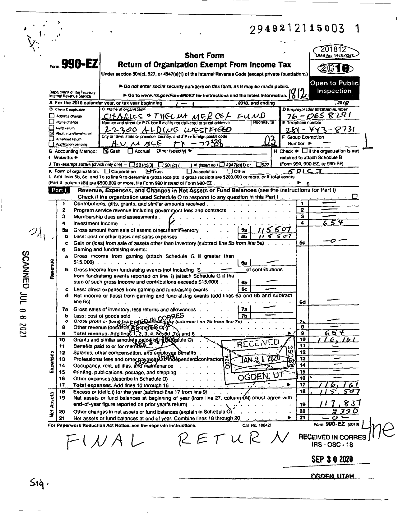 Image of first page of 2018 Form 990EZ for Charles and Thelma Mercer Fund