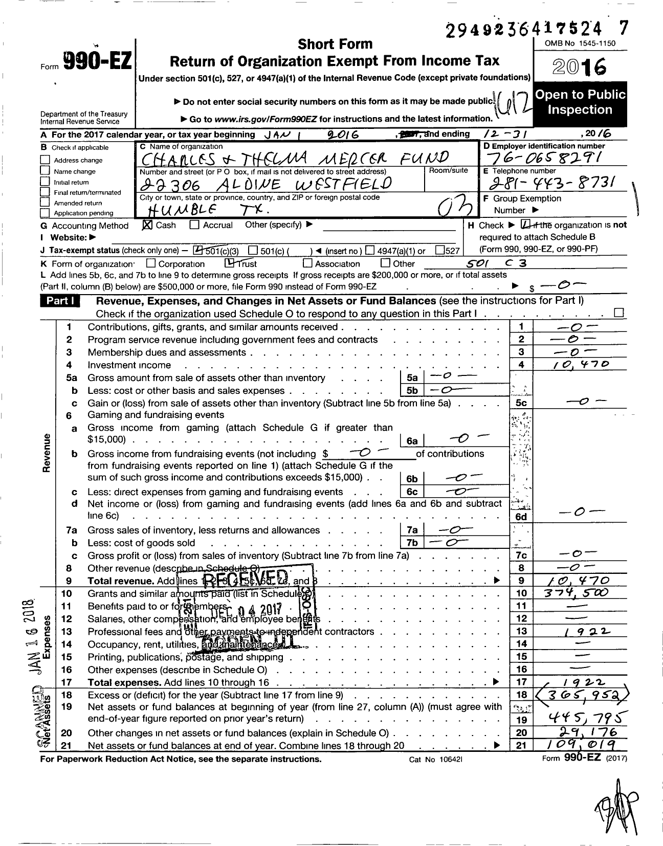 Image of first page of 2016 Form 990EZ for Charles and Thelma Mercer Fund