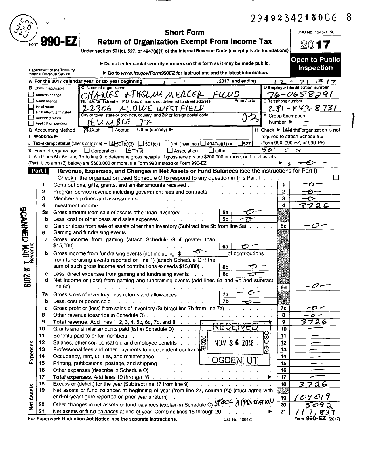 Image of first page of 2017 Form 990EZ for Charles and Thelma Mercer Fund