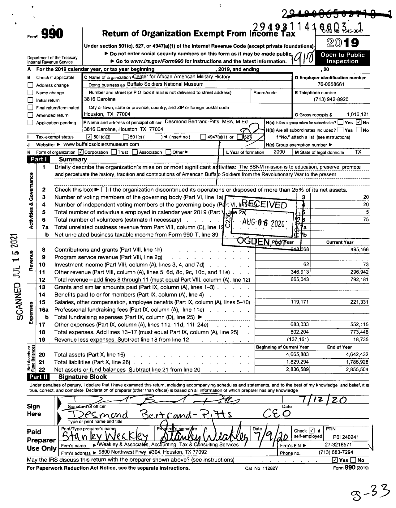 Image of first page of 2019 Form 990 for Buffalo Soldiers National Museum
