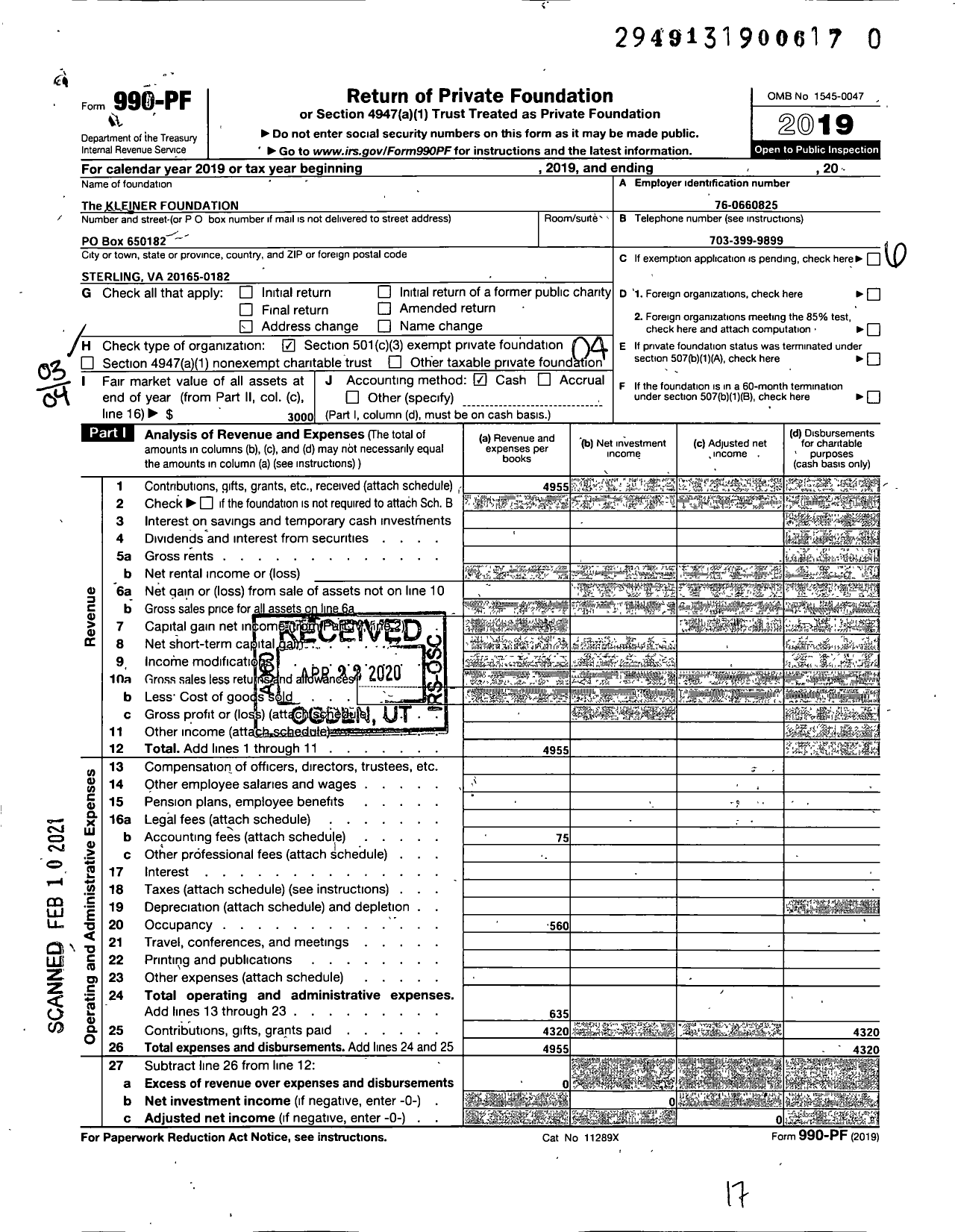 Image of first page of 2019 Form 990PF for Kleiner Foundation