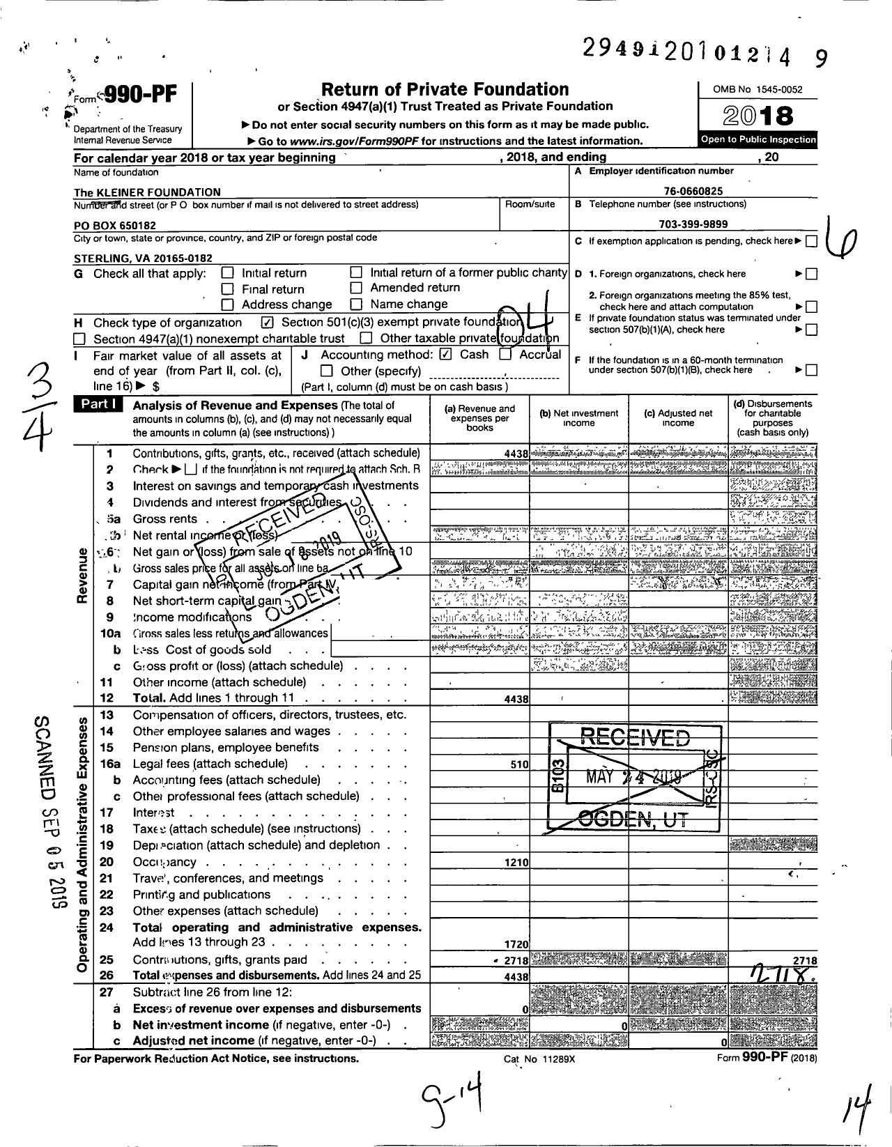 Image of first page of 2018 Form 990PF for Kleiner Foundation