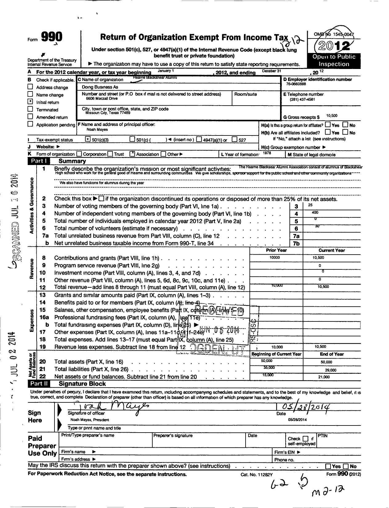 Image of first page of 2012 Form 990 for Hearne Blackshear Alumni Association