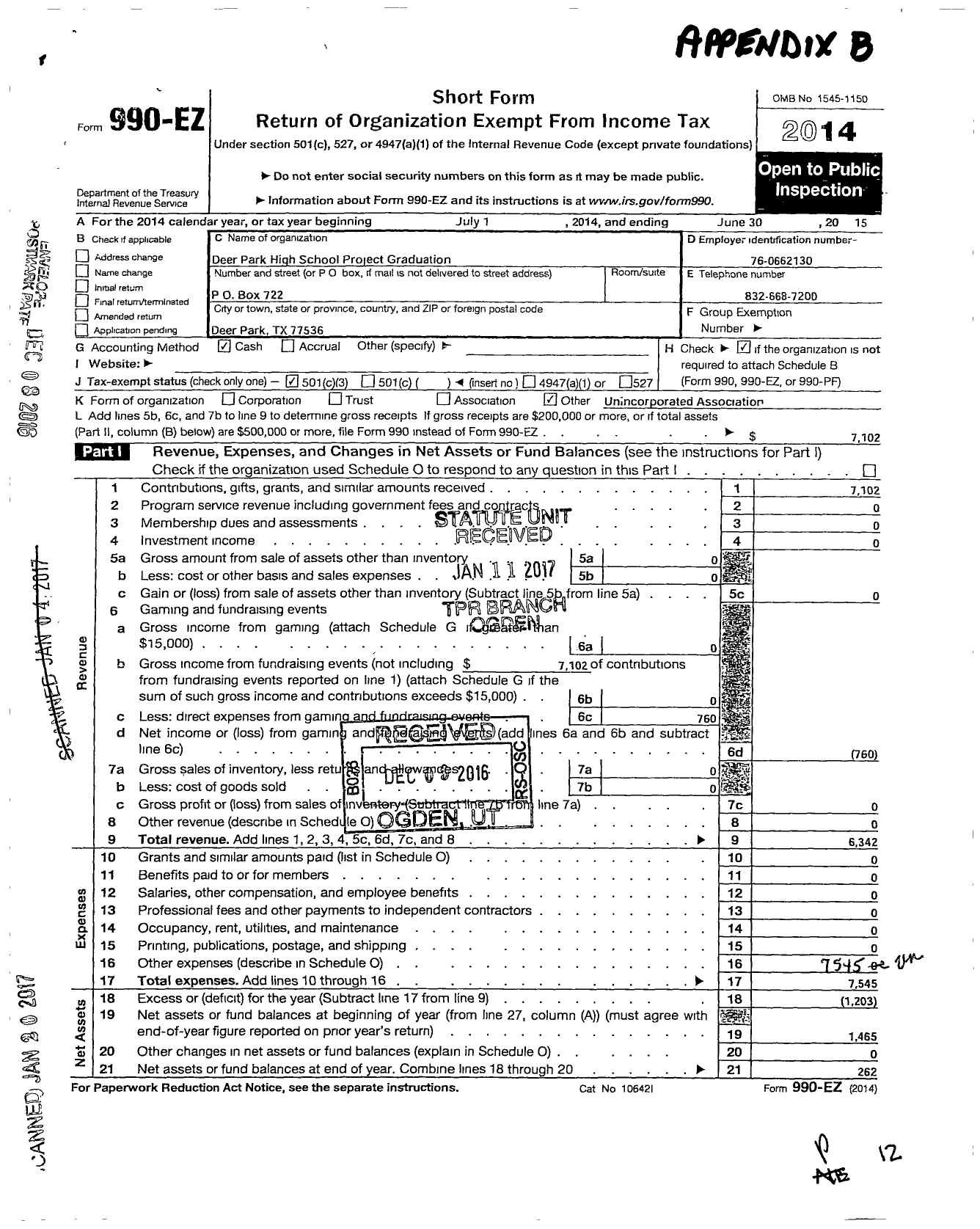 Image of first page of 2014 Form 990EZ for Deer Park High School Project Graduation