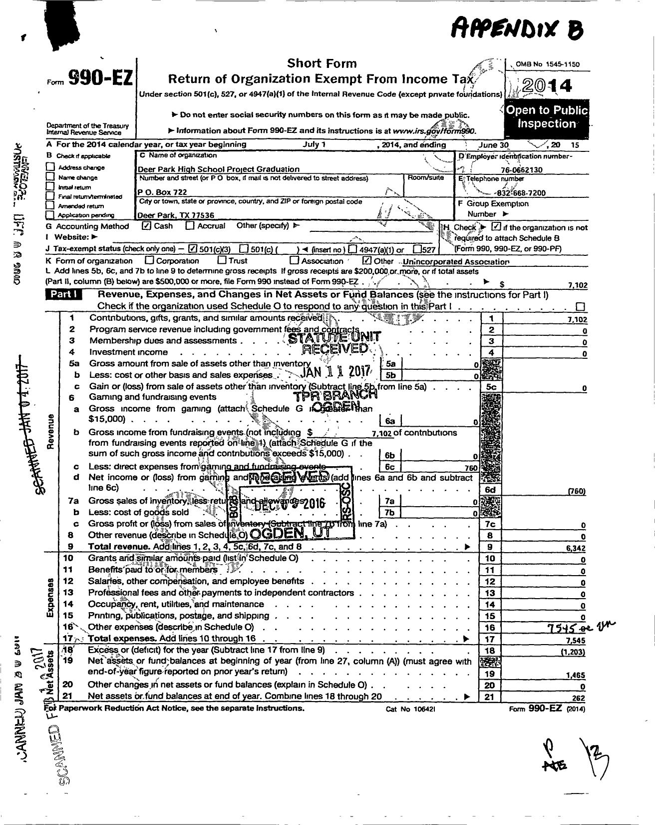 Image of first page of 2014 Form 990EZ for Deer Park High School Project Graduation