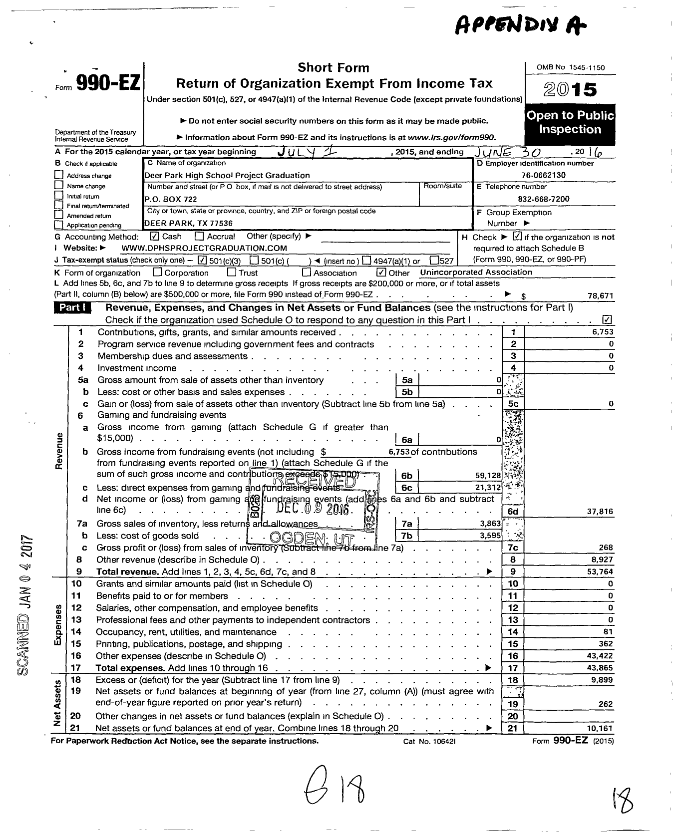 Image of first page of 2015 Form 990EZ for Deer Park High School Project Graduation