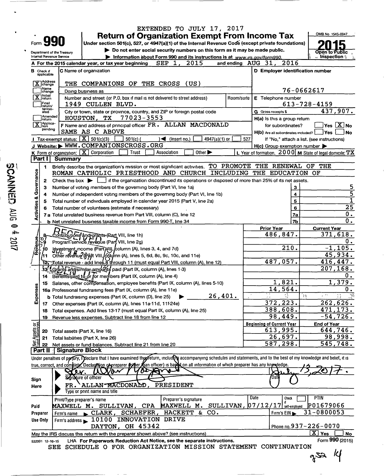 Image of first page of 2015 Form 990 for The Companions of the Cross