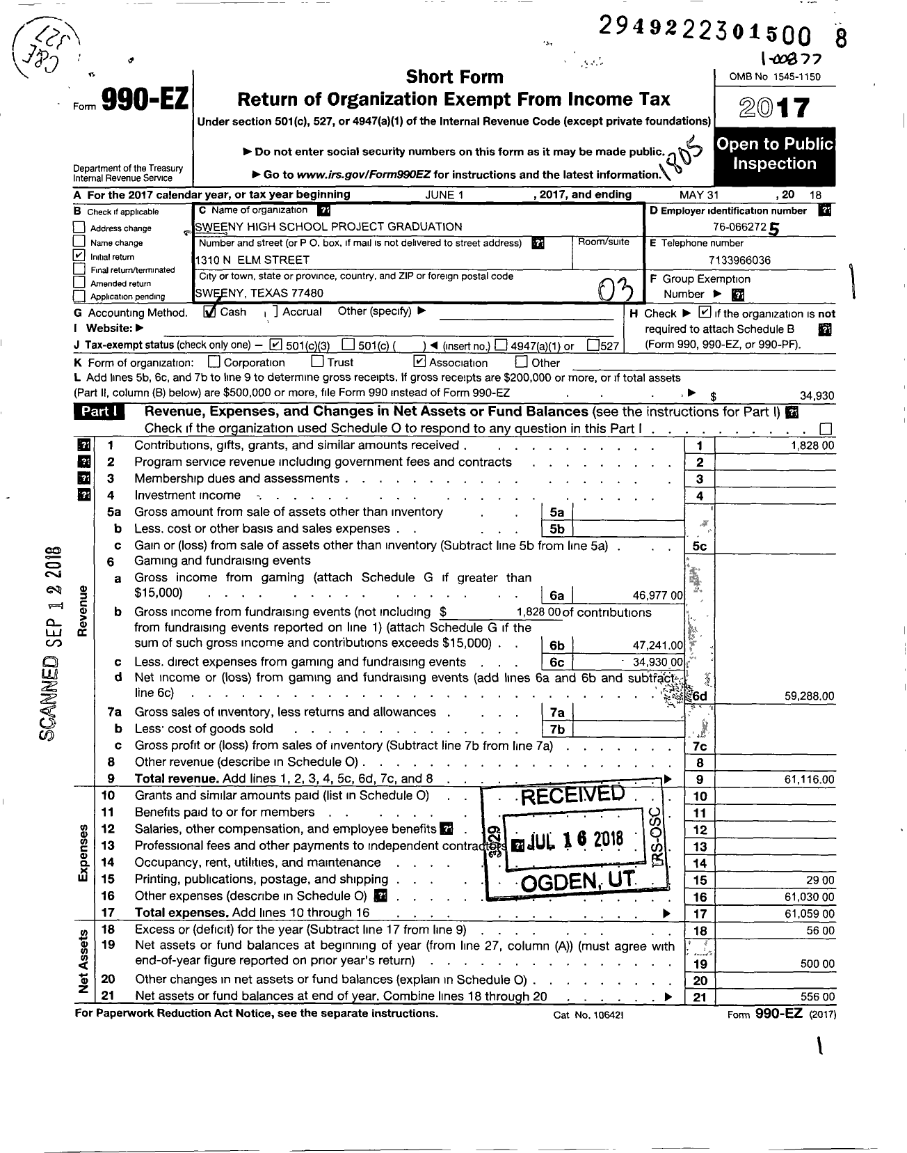 Image of first page of 2017 Form 990EZ for Sweeny High School Project Graduation