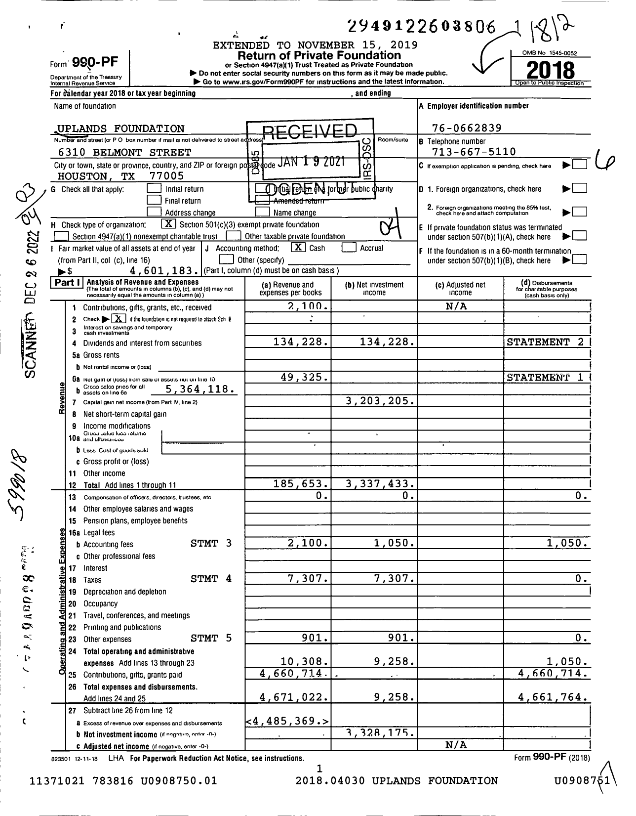 Image of first page of 2018 Form 990PF for Uplands Foundation