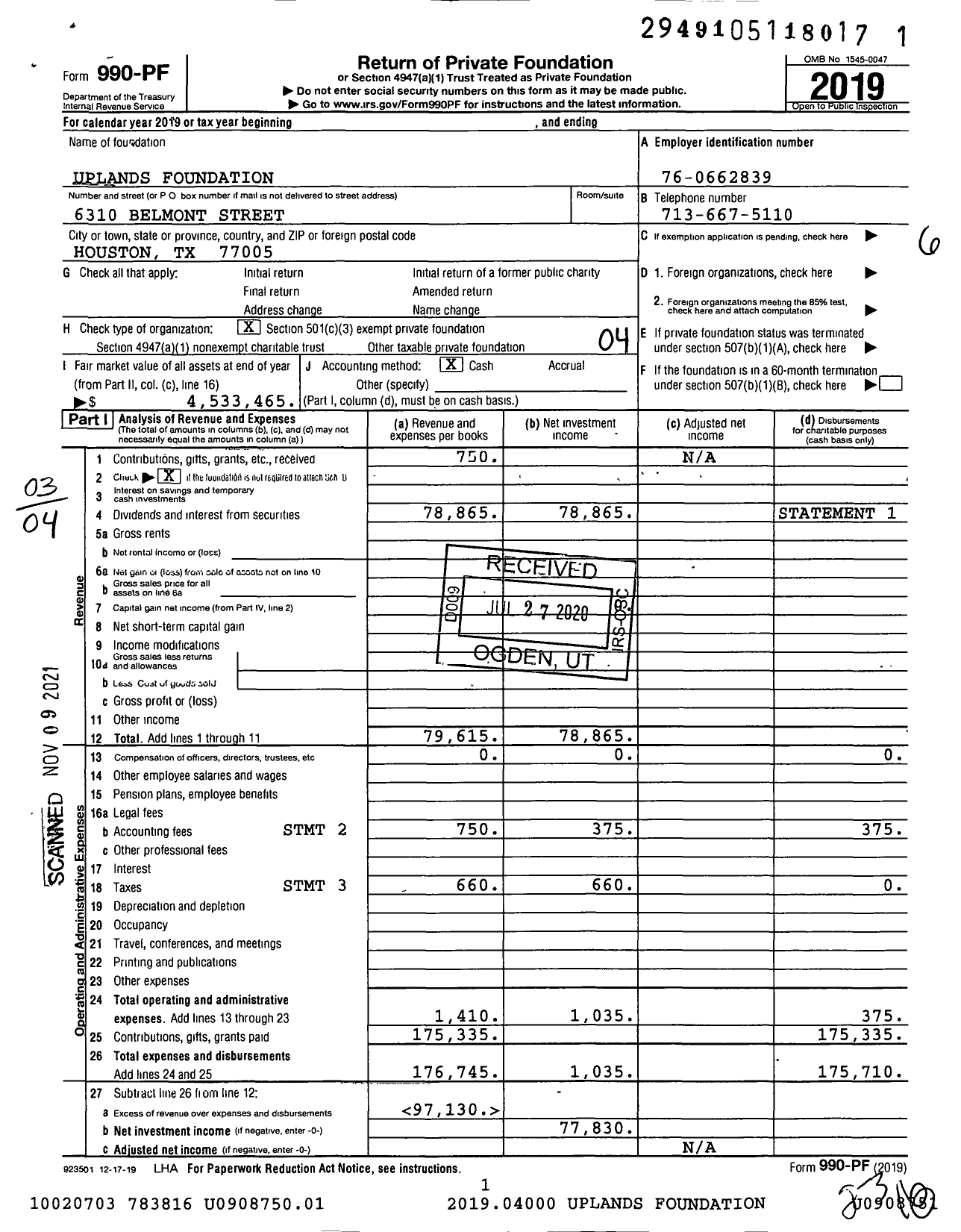 Image of first page of 2019 Form 990PF for Uplands Foundation