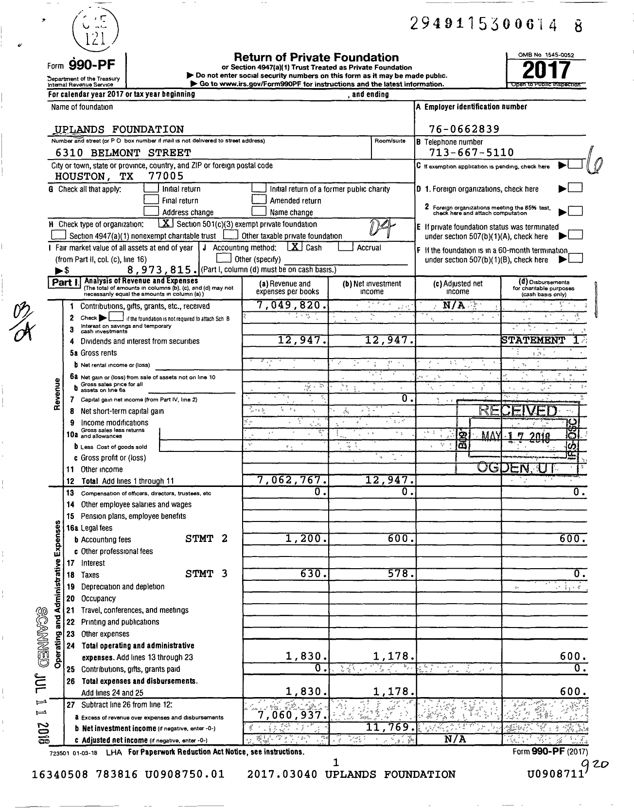 Image of first page of 2017 Form 990PF for Uplands Foundation