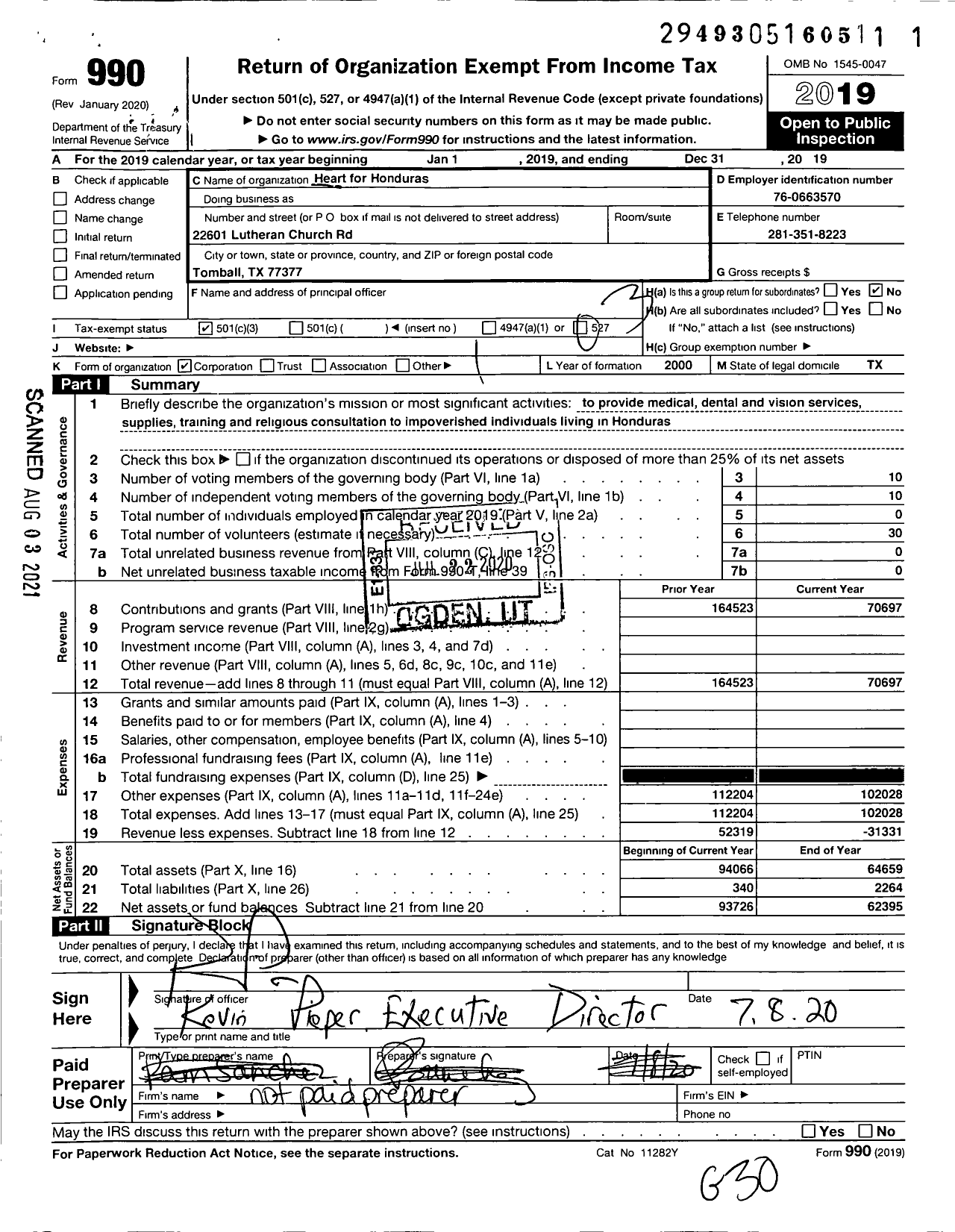 Image of first page of 2019 Form 990 for Heart for Honduras