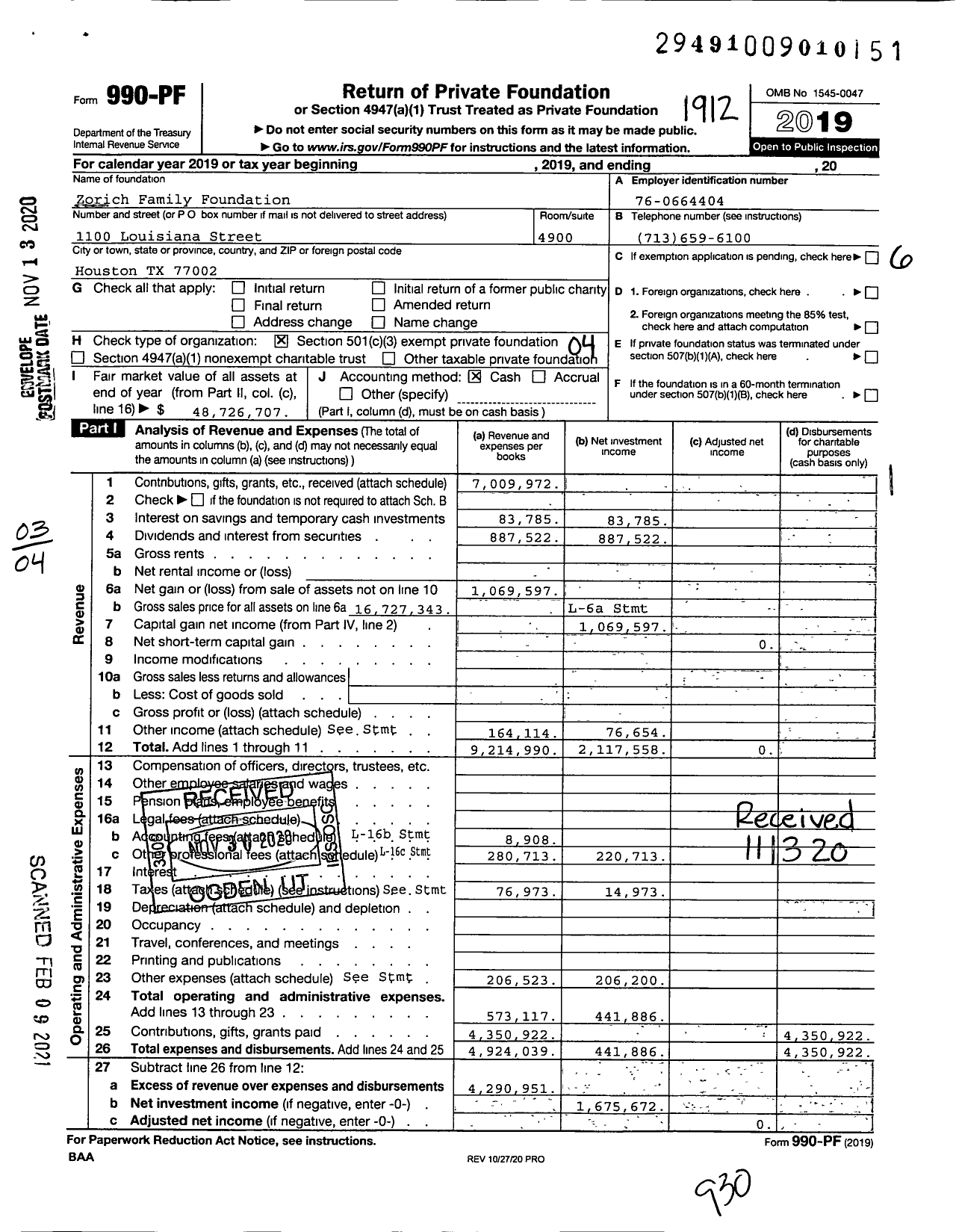Image of first page of 2019 Form 990PF for Zorich Family Foundation