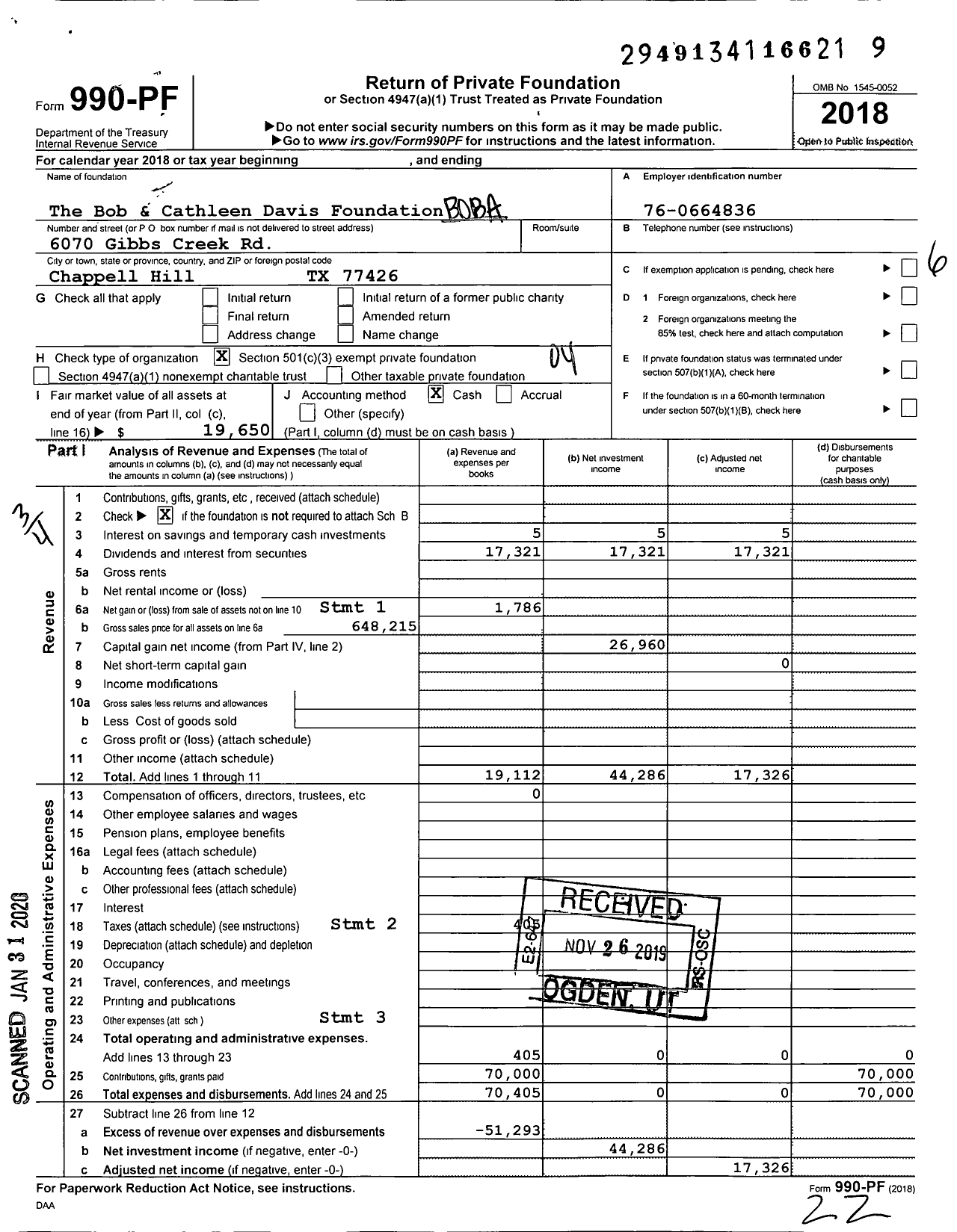 Image of first page of 2018 Form 990EZ for The Bob and Cathleen Davis Foundation