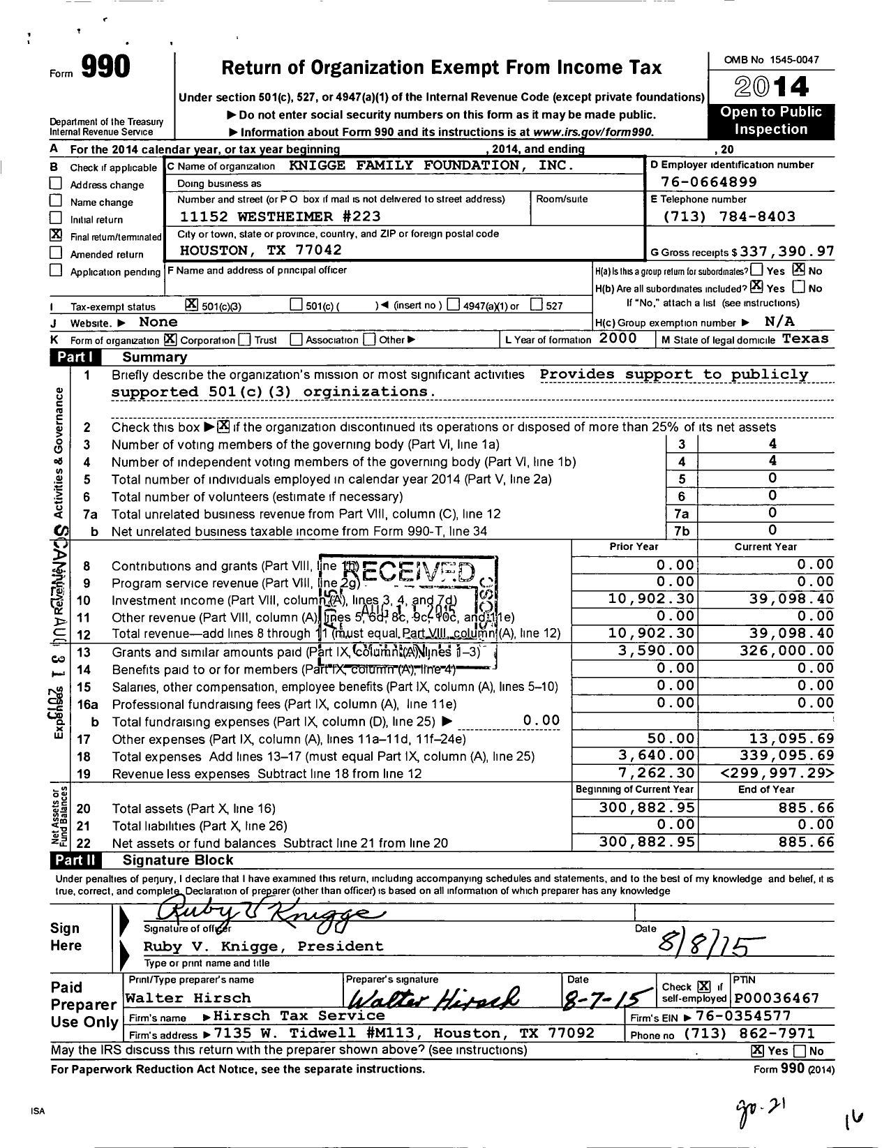 Image of first page of 2014 Form 990 for Knigge Family Foundation