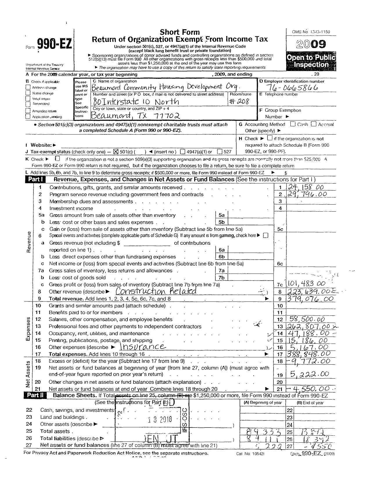 Image of first page of 2009 Form 990EOR for Beaumont Community Housing Development Organization