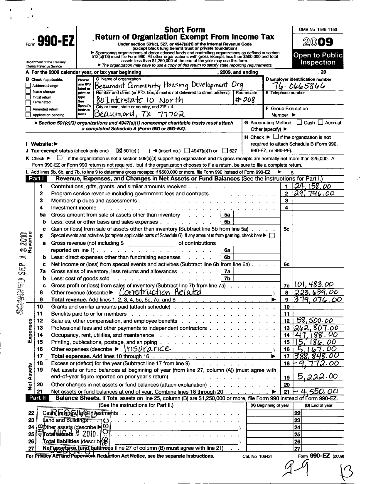 Image of first page of 2009 Form 990EO for Beaumont Community Housing Development Organization