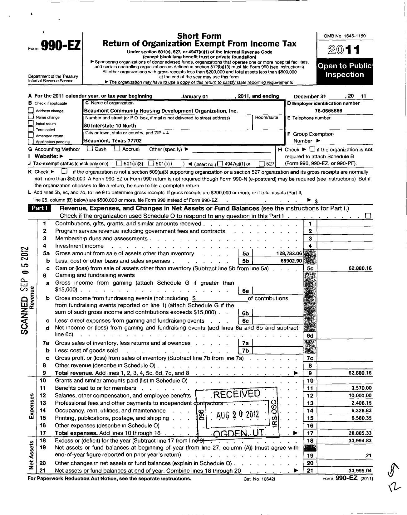 Image of first page of 2011 Form 990EO for Beaumont Community Housing Development Organization