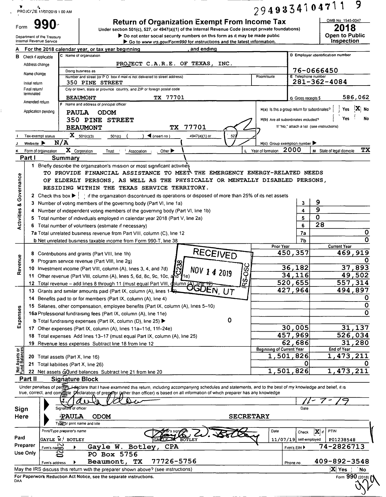 Image of first page of 2018 Form 990 for Project Care of Texas