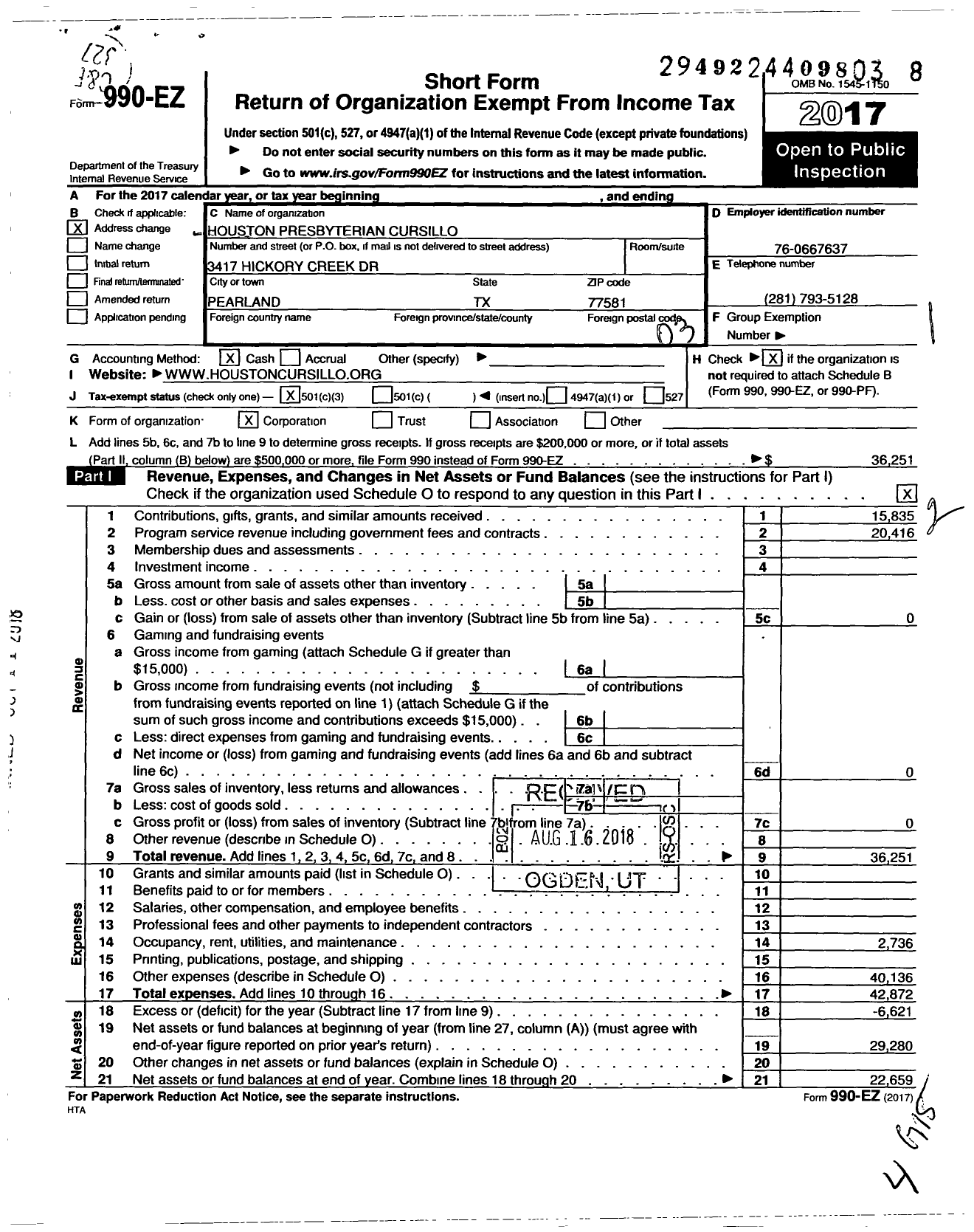 Image of first page of 2017 Form 990EZ for Houston Presbyterian Cursillo