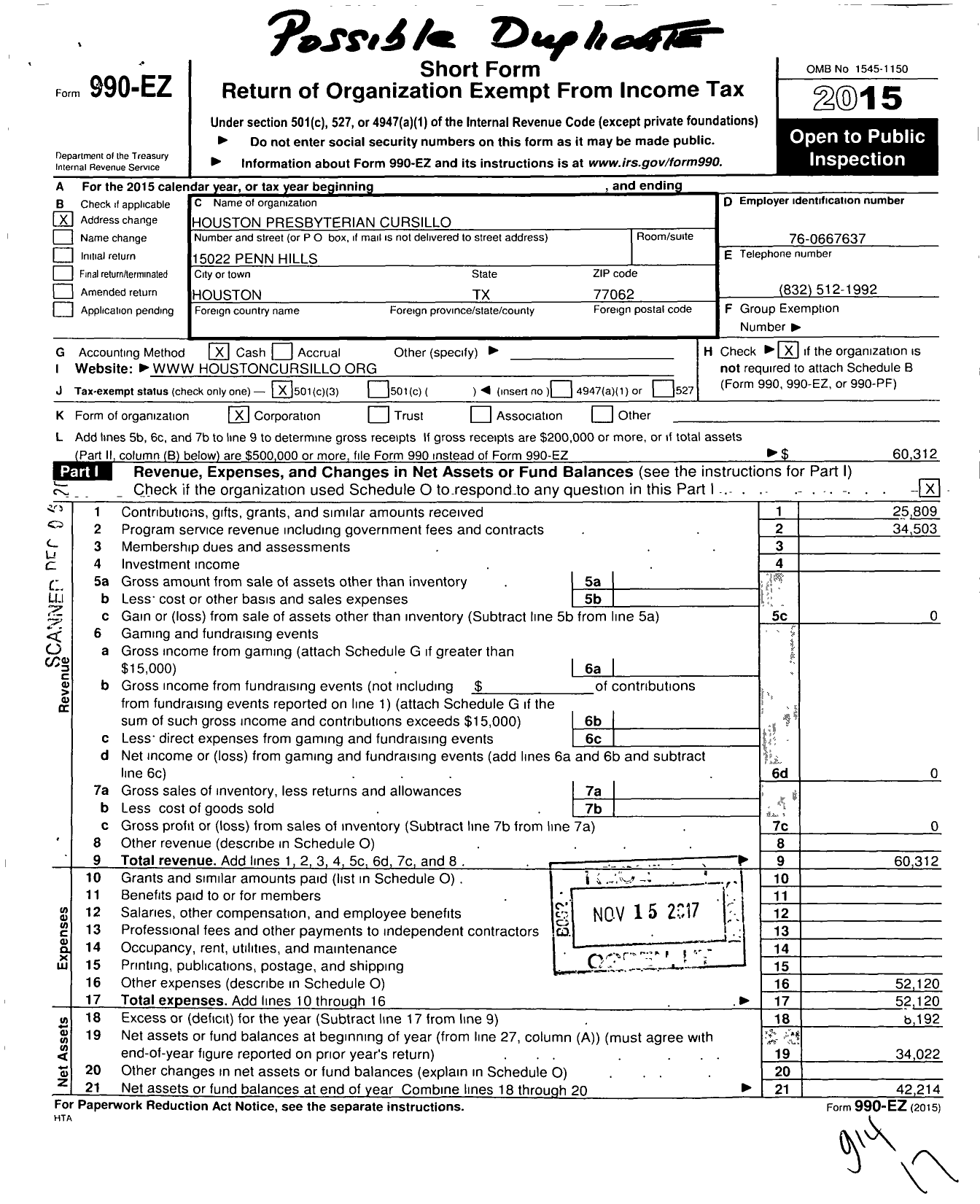 Image of first page of 2015 Form 990EZ for Houston Presbyterian Cursillo