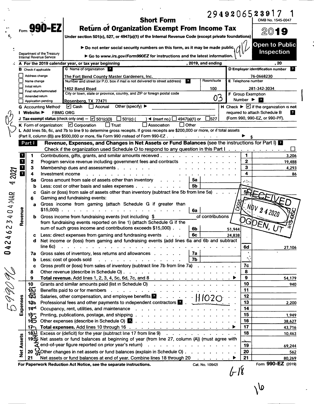 Image of first page of 2019 Form 990EZ for The Fort Bend County Master Gardeners