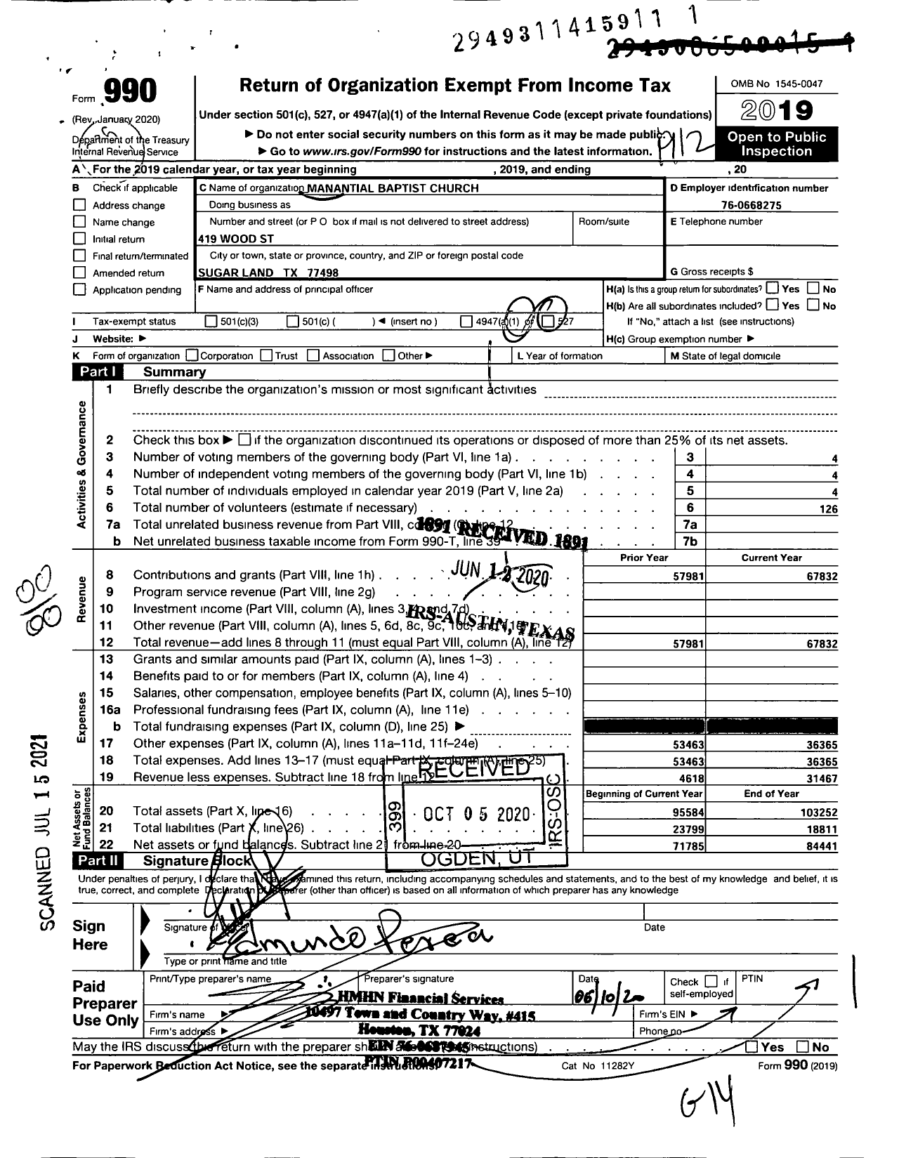 Image of first page of 2019 Form 990O for Manatial Baptist Church