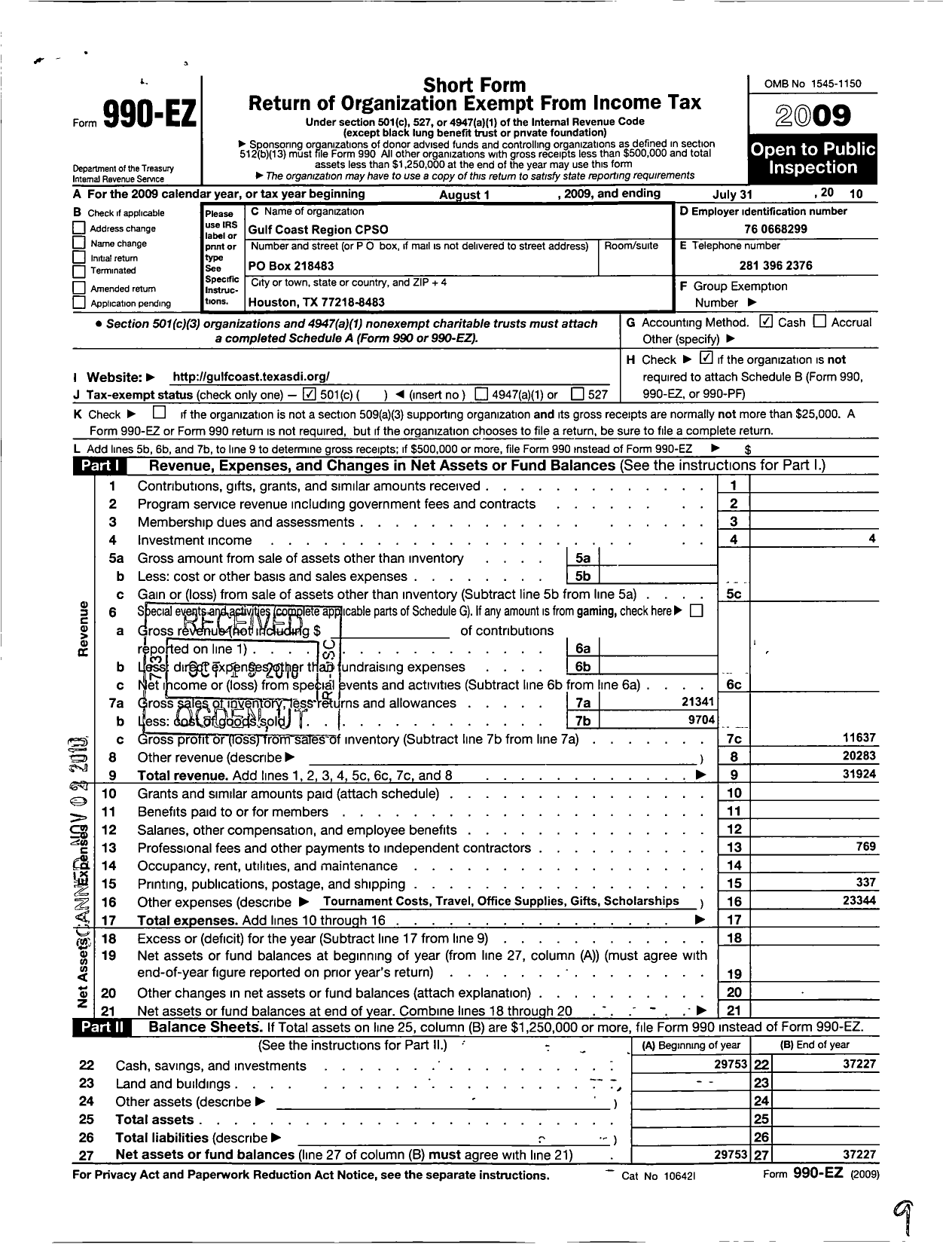 Image of first page of 2009 Form 990EO for Txcpso / Gulf Coast Region Cpso