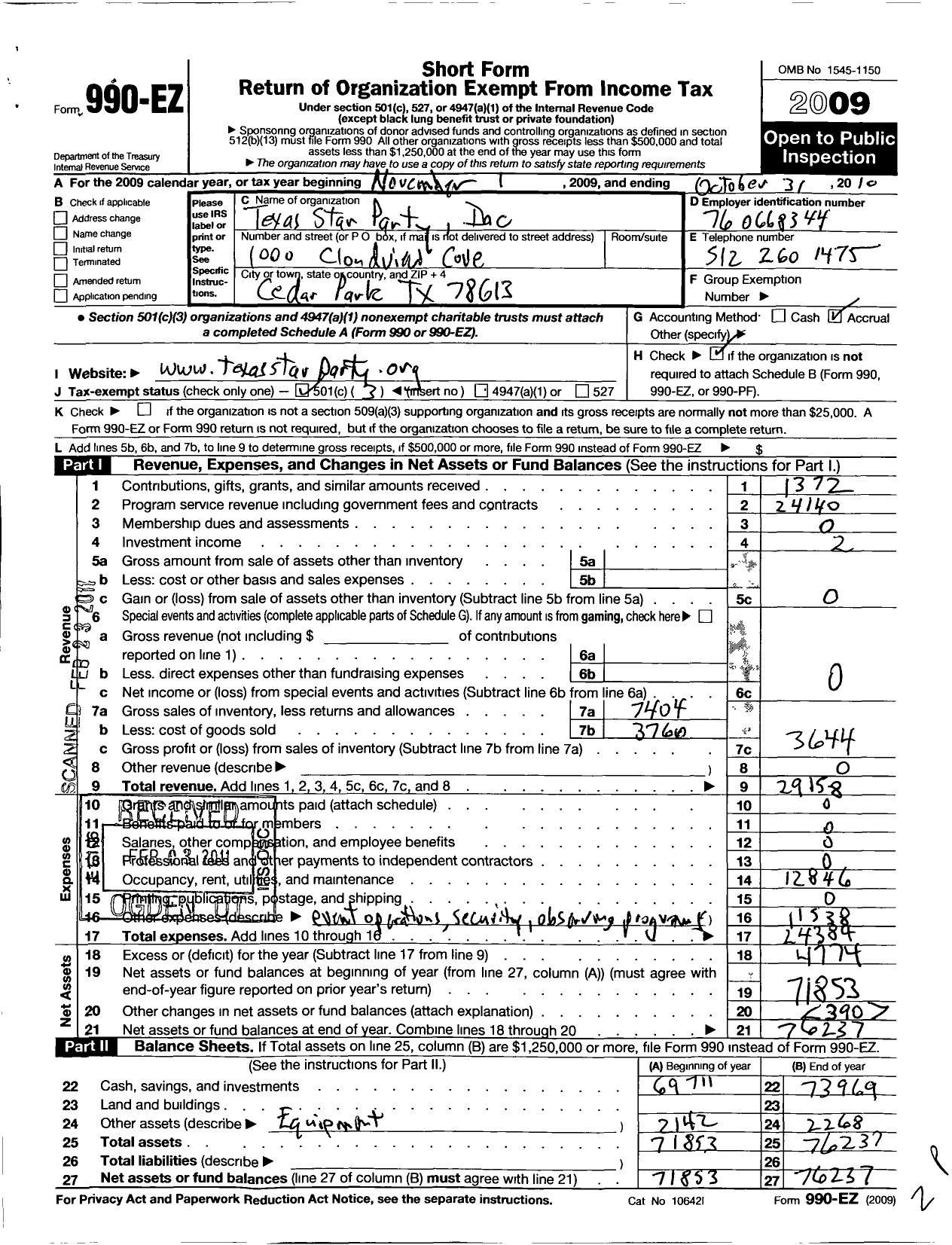 Image of first page of 2009 Form 990EZ for Texas Star Party